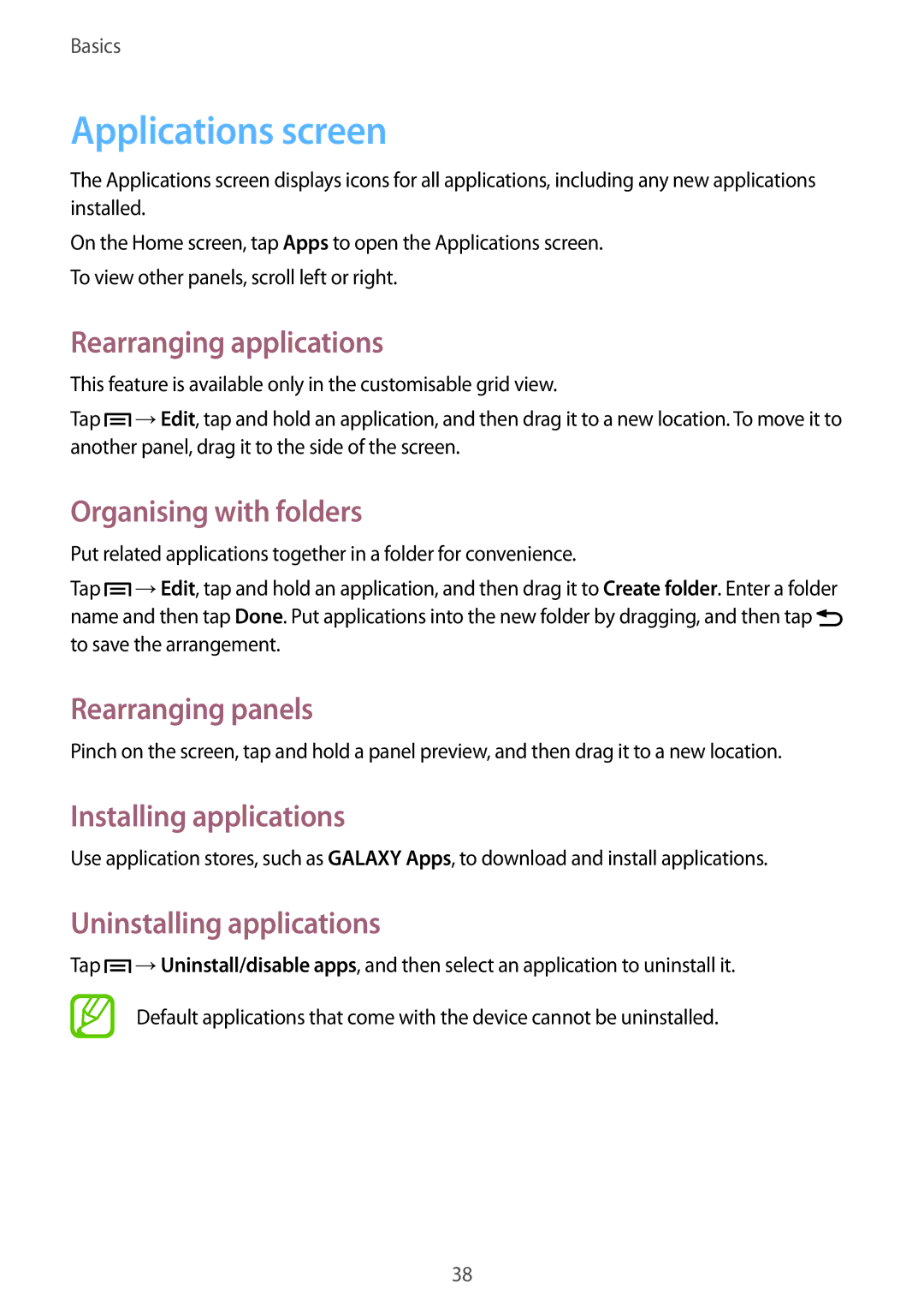 Samsung GT-I9505ZWEDBT Applications screen, Rearranging applications, Organising with folders, Installing applications 