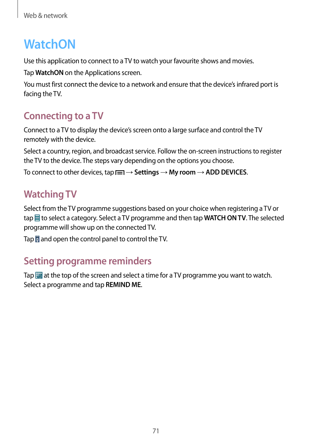 Samsung GT-I9505ZKANRJ, GT-I9505ZWAEPL manual WatchON, Connecting to a TV, Watching TV, Setting programme reminders 