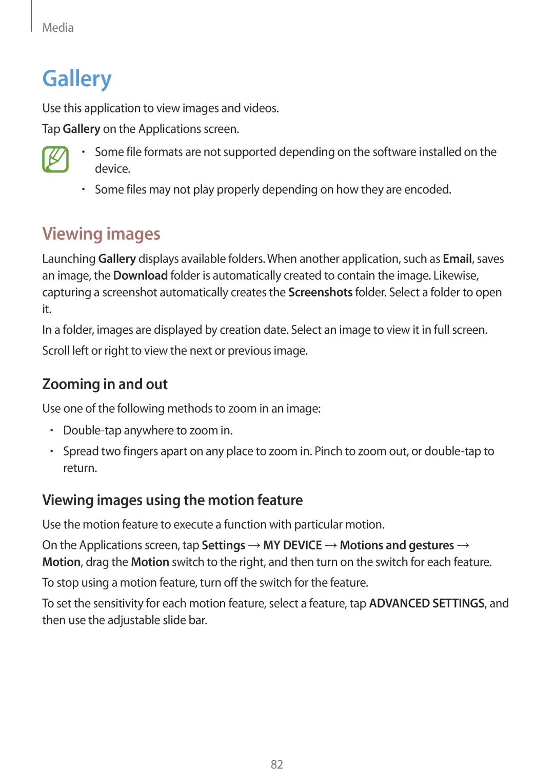 Samsung GT-I9505ZBAHUI, GT-I9505ZWAEPL manual Gallery, Zooming in and out, Viewing images using the motion feature 