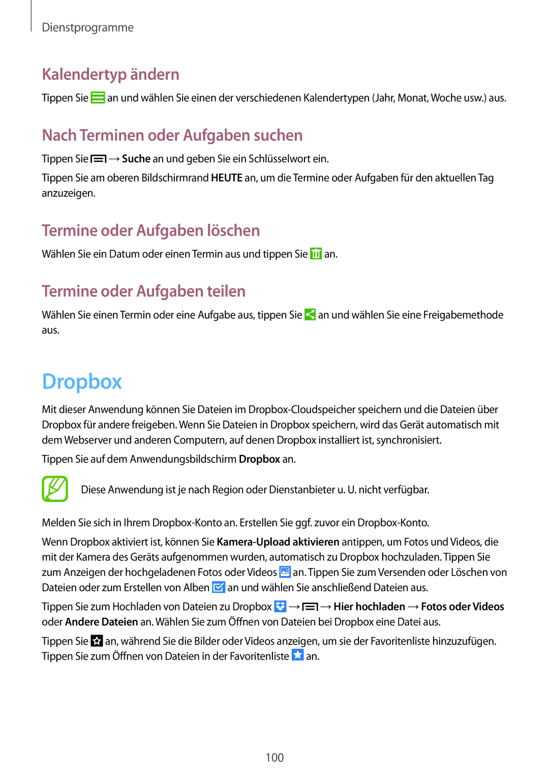 Samsung GT-I9505ZWEDBT Dropbox, Kalendertyp ändern, Nach Terminen oder Aufgaben suchen, Termine oder Aufgaben löschen 