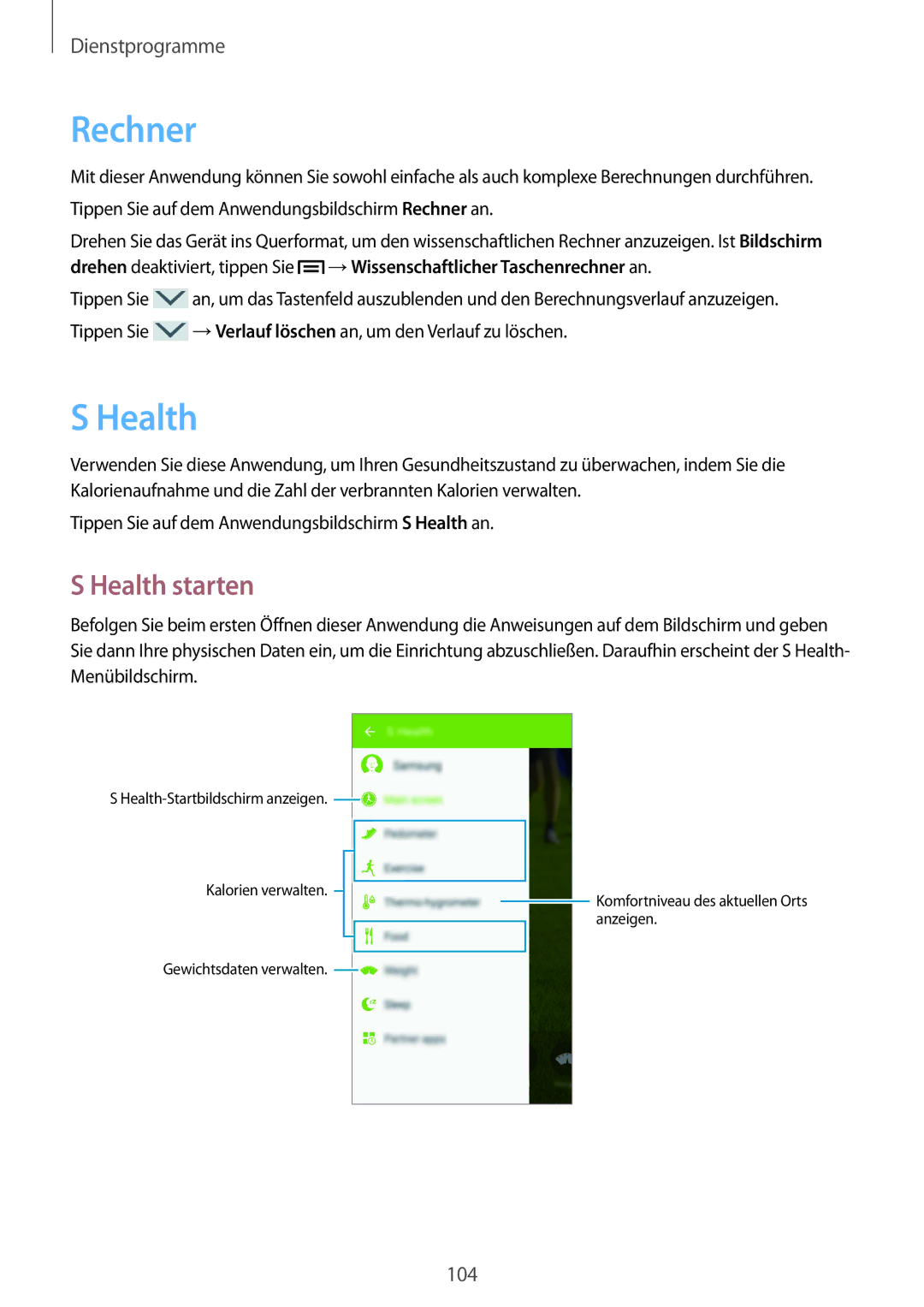 Samsung GT-I9505ZRZSEB, GT-I9505ZWAEPL, GT-I9505ZRADBT, GT-I9505ZKATPL, GT-I9505ZKADBT manual Rechner, Health starten 