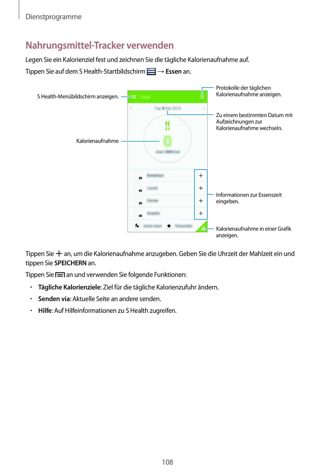 Samsung GT-I9505ZKAPRT, GT-I9505ZWAEPL, GT-I9505ZRADBT, GT-I9505ZKATPL, GT-I9505ZKADBT manual Nahrungsmittel-Tracker verwenden 