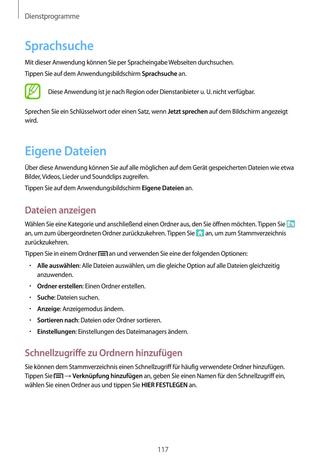 Samsung GT-I9505ZKAEPL manual Sprachsuche, Eigene Dateien, Dateien anzeigen, Schnellzugriffe zu Ordnern hinzufügen 