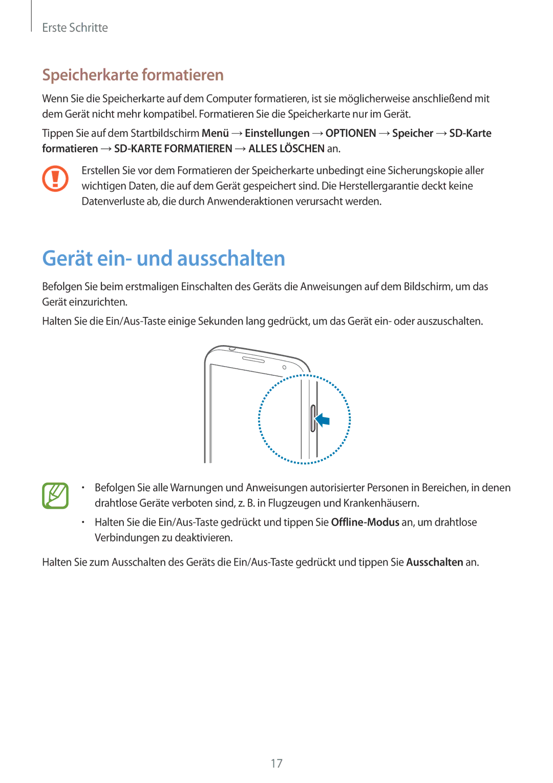 Samsung GT-I9505ZKATPH, GT-I9505ZWAEPL, GT-I9505ZRADBT, GT-I9505ZKATPL Gerät ein- und ausschalten, Speicherkarte formatieren 