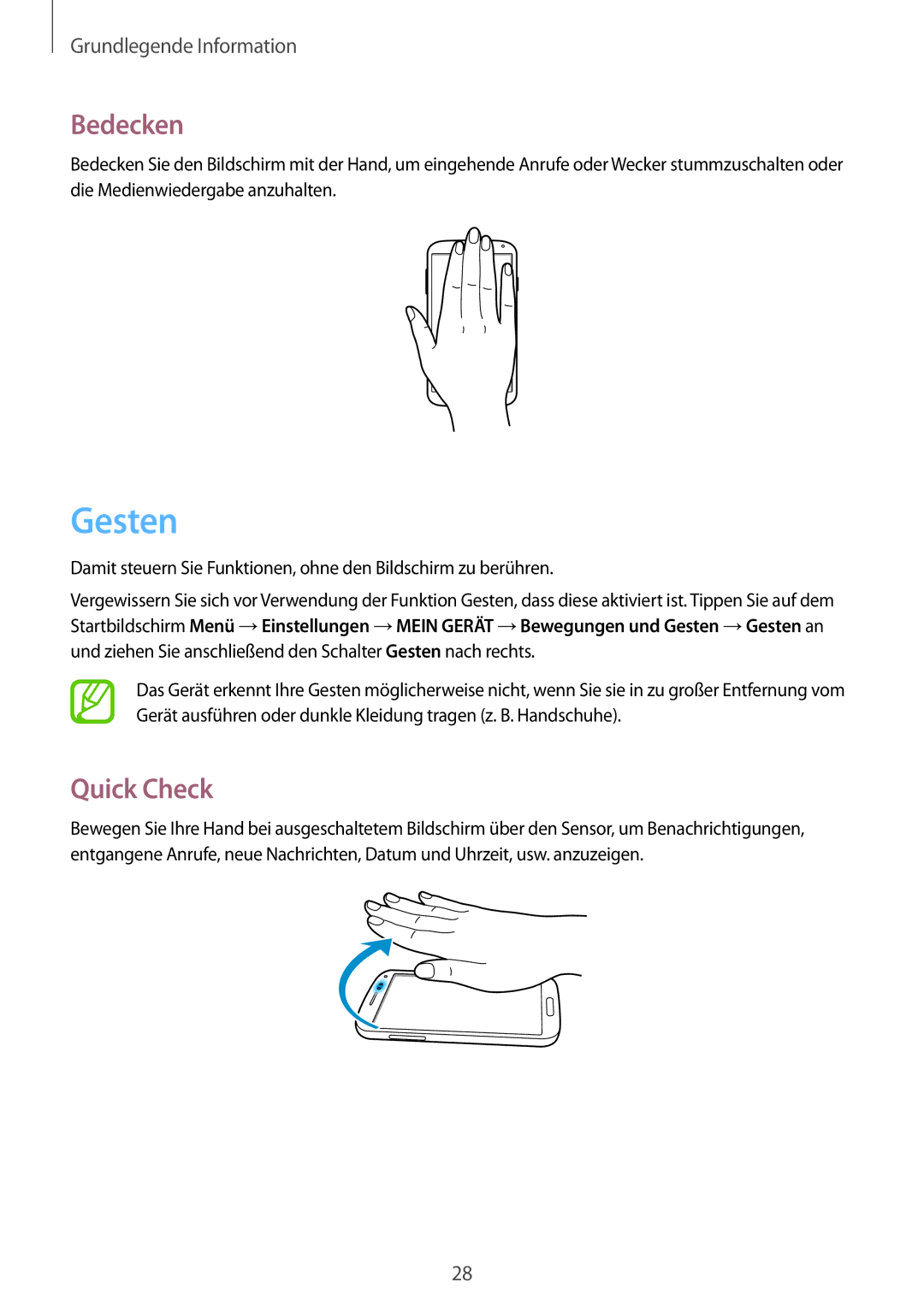 Samsung GT-I9505DKYDBT, GT-I9505ZWAEPL, GT-I9505ZRADBT, GT-I9505ZKATPL, GT-I9505ZKADBT manual Gesten, Bedecken, Quick Check 