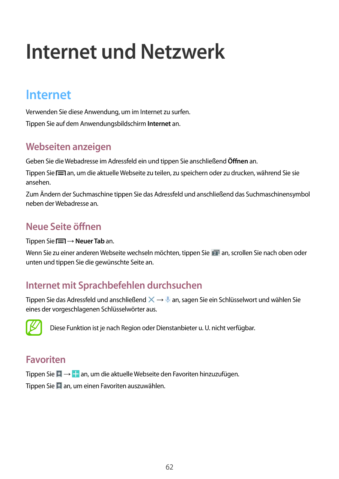 Samsung GT-I9505ZWAEPL manual Webseiten anzeigen, Neue Seite öffnen, Internet mit Sprachbefehlen durchsuchen, Favoriten 