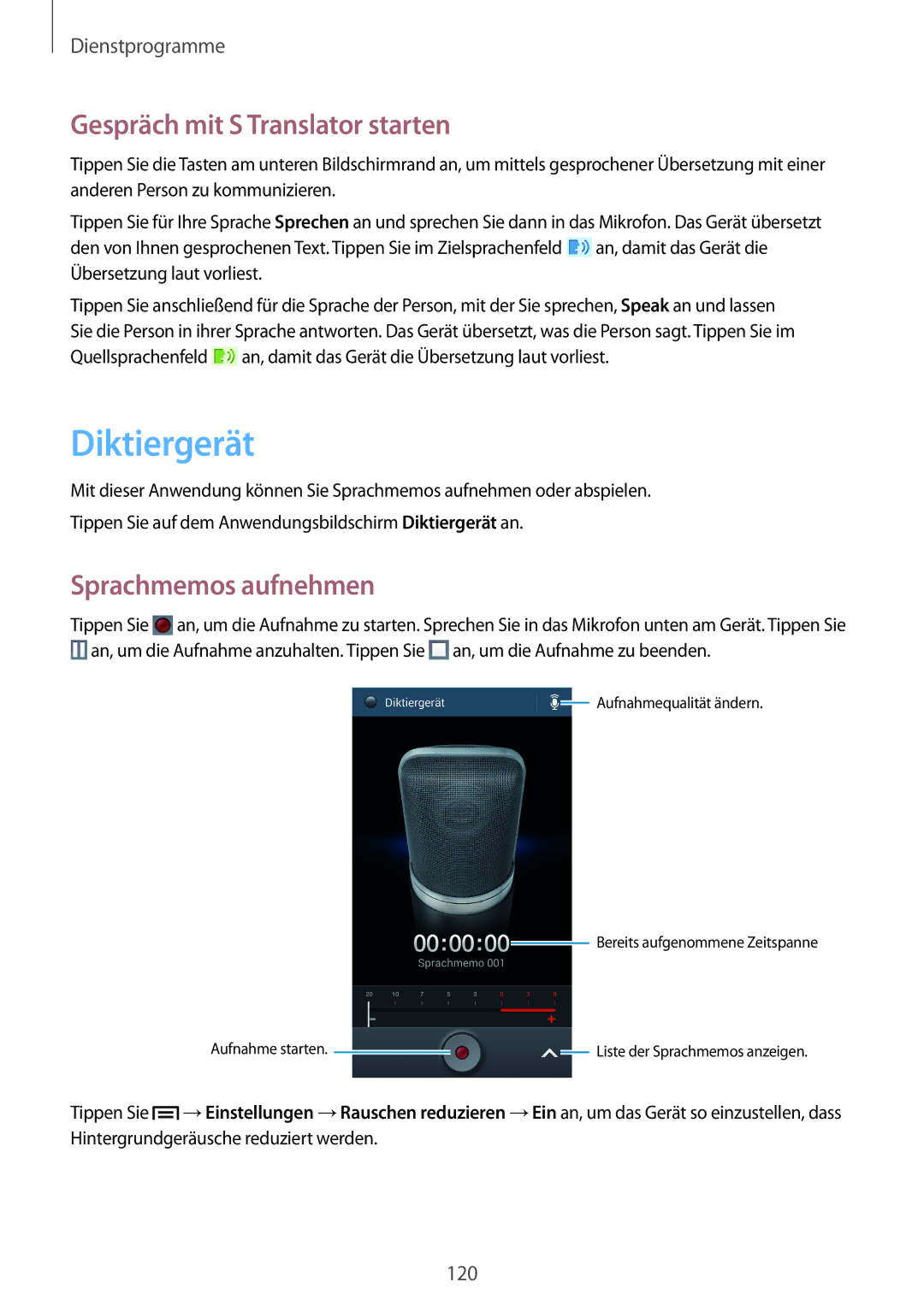 Samsung GT-I9505ZWAXEF, GT-I9505ZWAEPL manual Diktiergerät, Gespräch mit S Translator starten, Sprachmemos aufnehmen 