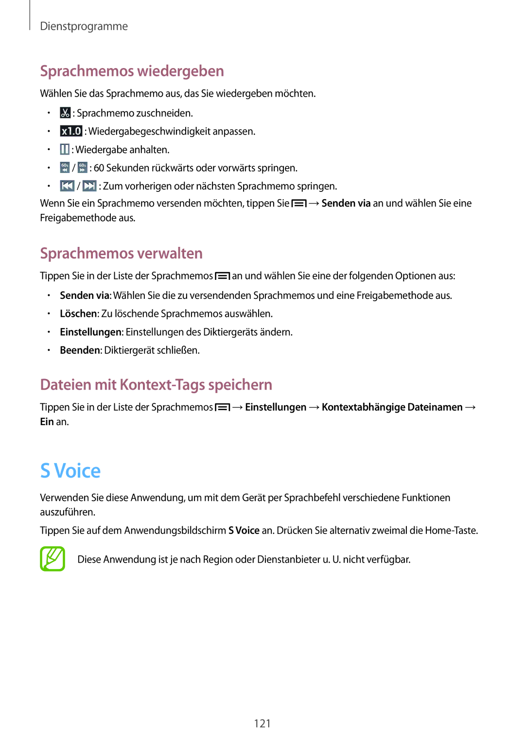 Samsung GT-I9505DKYSFR manual Voice, Sprachmemos wiedergeben, Sprachmemos verwalten, Dateien mit Kontext-Tags speichern 