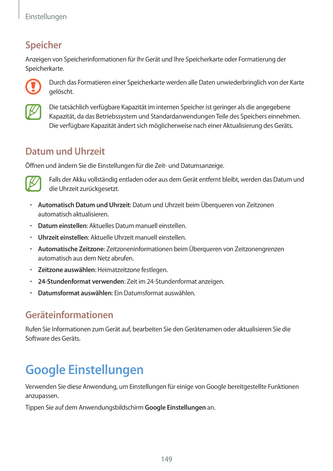 Samsung GT-I9505ZKEDBT, GT-I9505ZWAEPL manual Google Einstellungen, Speicher, Datum und Uhrzeit, Geräteinformationen 