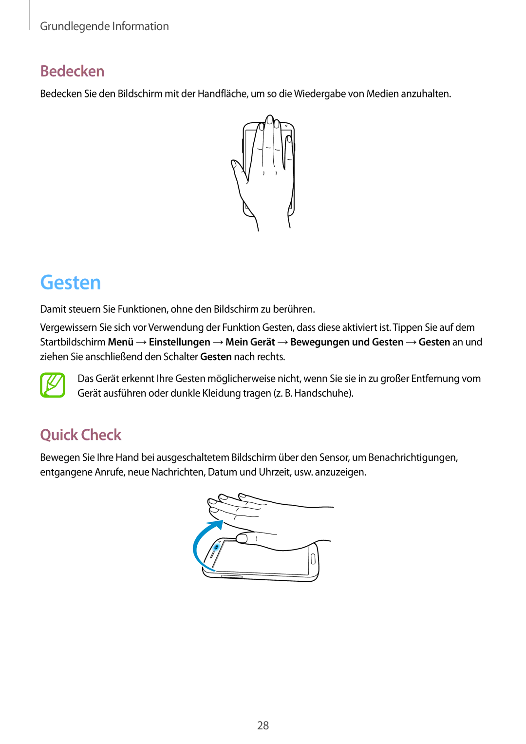 Samsung GT-I9505DKYDBT, GT-I9505ZWAEPL, GT-I9505ZRADBT, GT-I9505ZKATPL, GT-I9505ZKADBT manual Gesten, Bedecken, Quick Check 