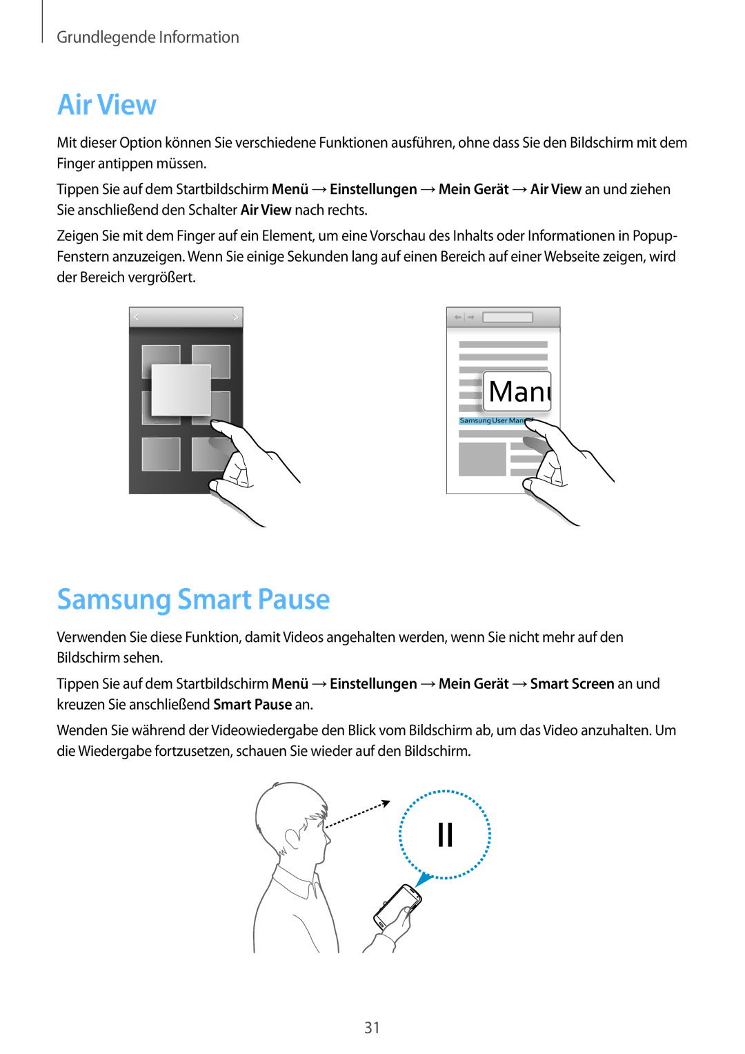 Samsung GT-I9505ZWAXEO, GT-I9505ZWAEPL, GT-I9505ZRADBT, GT-I9505ZKATPL, GT-I9505ZKADBT manual Air View, Samsung Smart Pause 