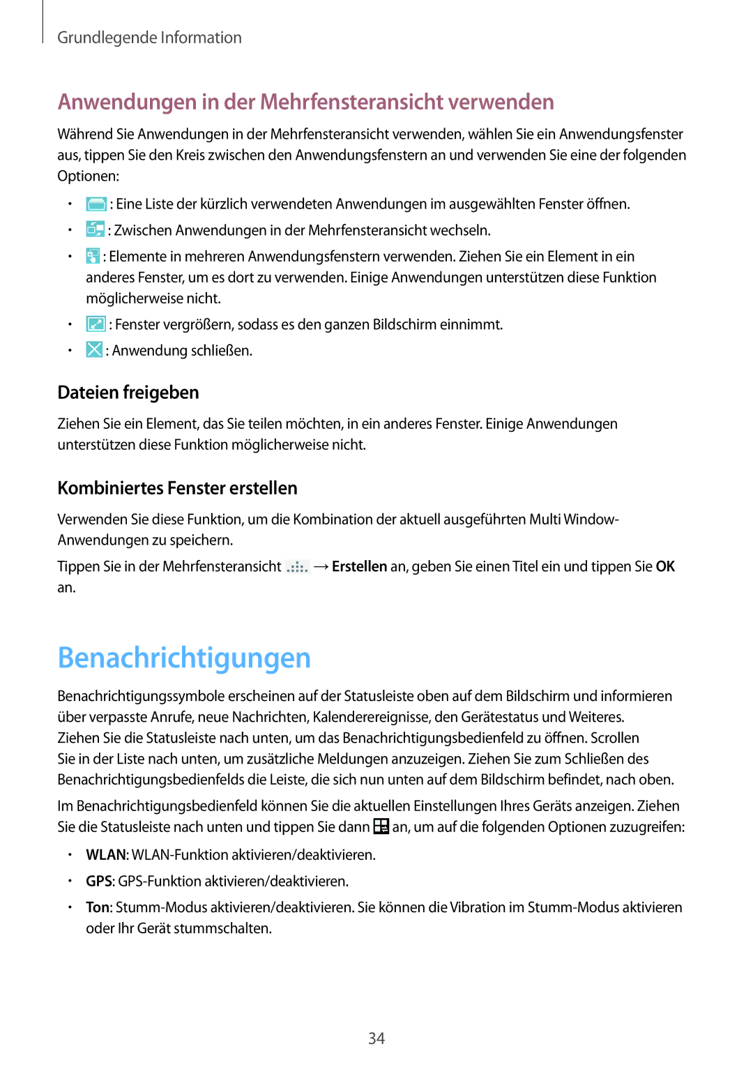 Samsung GT-I9505ZKAXEO manual Benachrichtigungen, Anwendungen in der Mehrfensteransicht verwenden, Dateien freigeben 