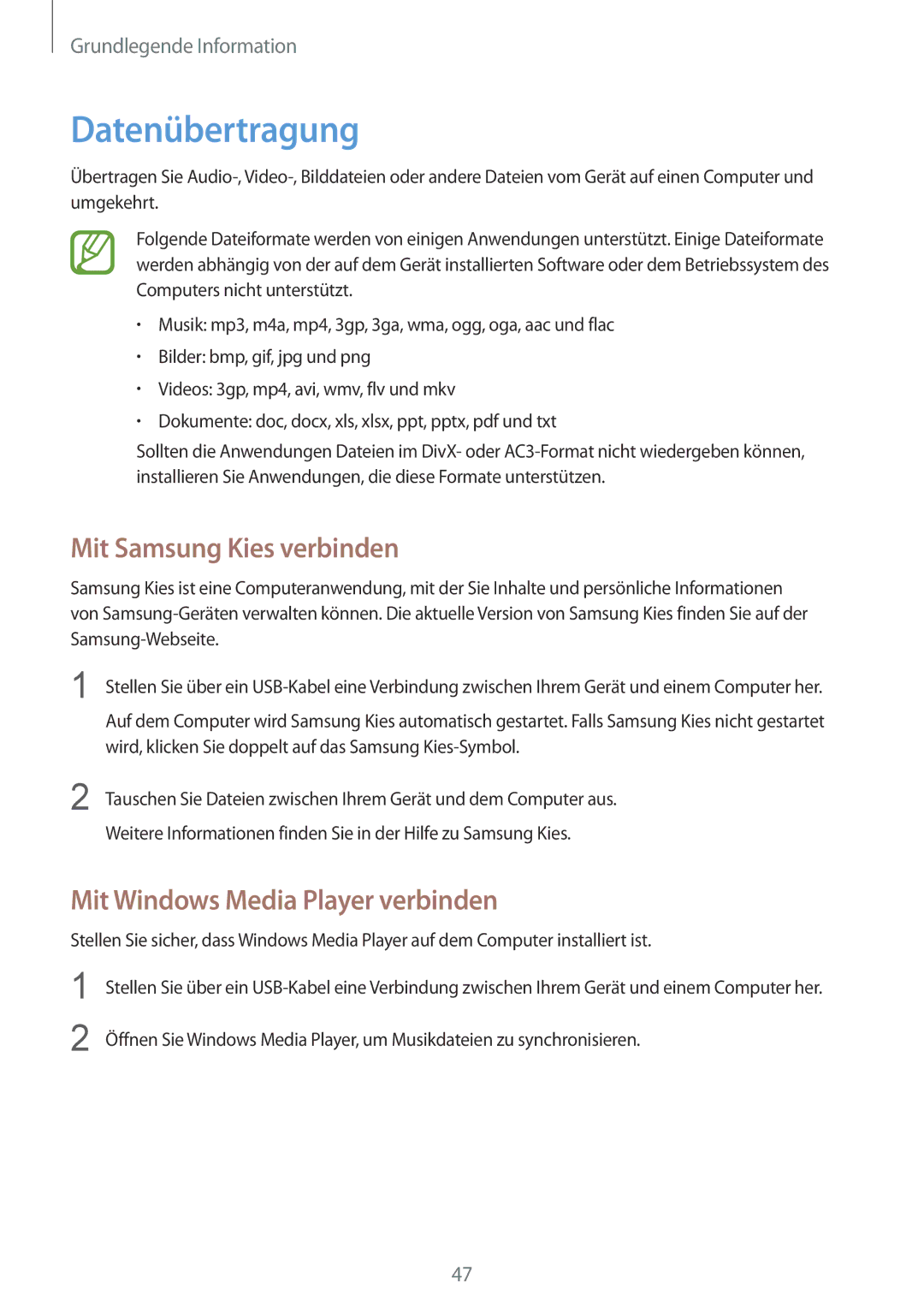 Samsung GT-I9505ZKAOPT, GT-I9505ZWAEPL Datenübertragung, Mit Samsung Kies verbinden, Mit Windows Media Player verbinden 