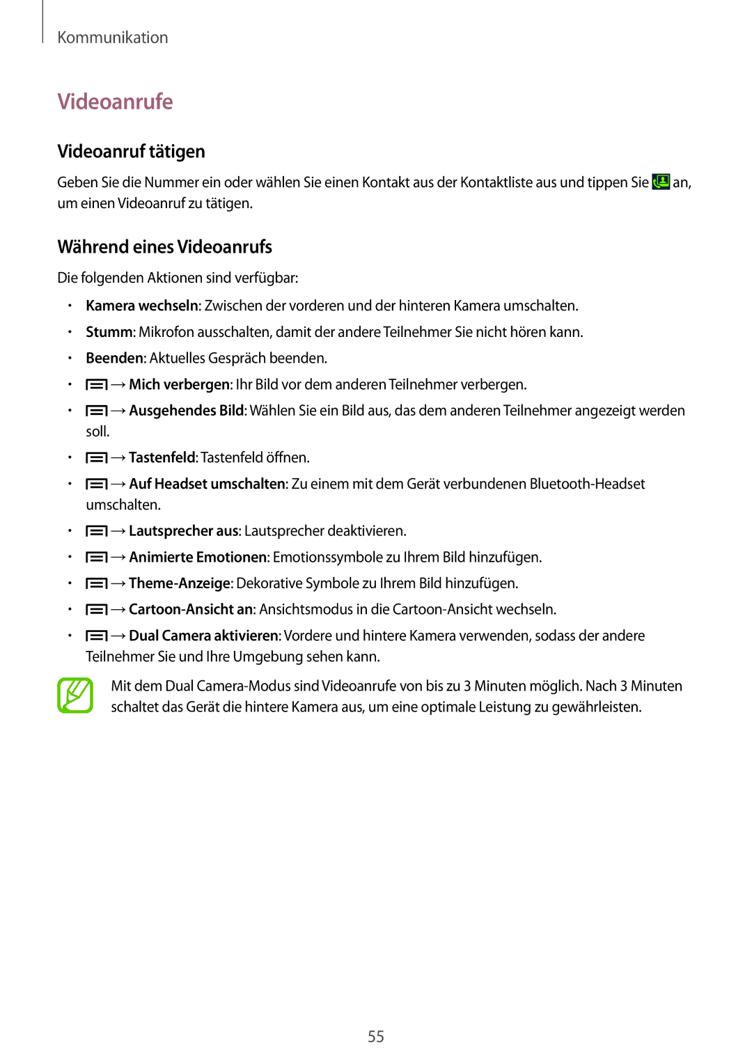 Samsung GT-I9505ZKAEPL, GT-I9505ZWAEPL, GT-I9505ZRADBT manual Videoanrufe, Videoanruf tätigen, Während eines Videoanrufs 