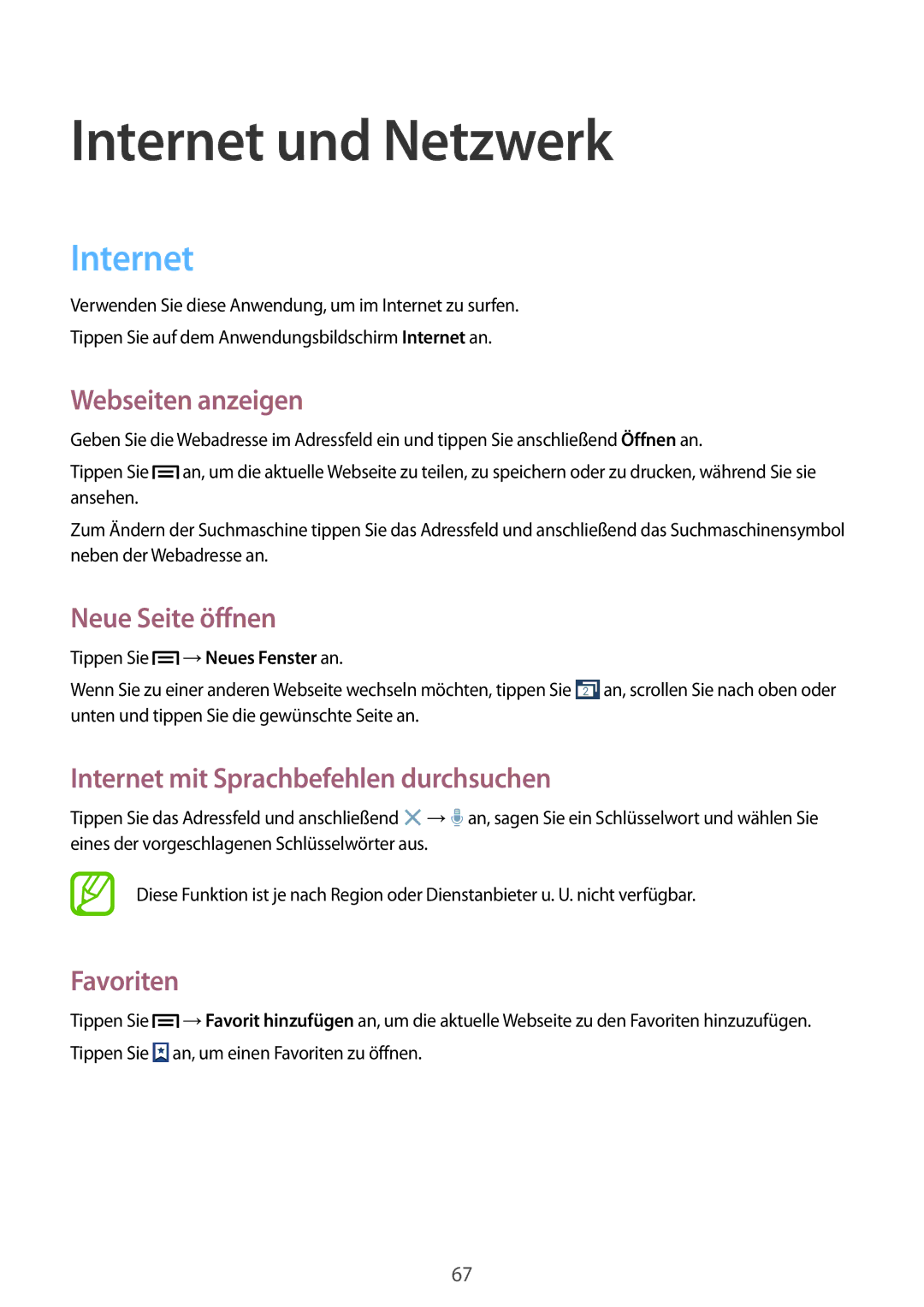 Samsung GT-I9505ZWATCL manual Webseiten anzeigen, Neue Seite öffnen, Internet mit Sprachbefehlen durchsuchen, Favoriten 