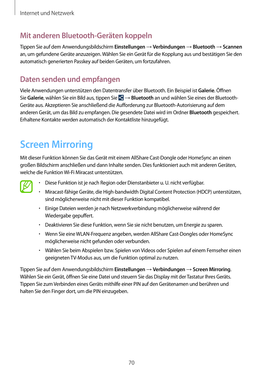 Samsung GT-I9505ZWACYO, GT-I9505ZWAEPL Screen Mirroring, Mit anderen Bluetooth-Geräten koppeln, Daten senden und empfangen 