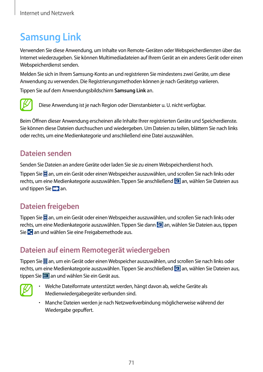 Samsung GT-I9505ZWACOS manual Samsung Link, Dateien senden, Dateien freigeben, Dateien auf einem Remotegerät wiedergeben 