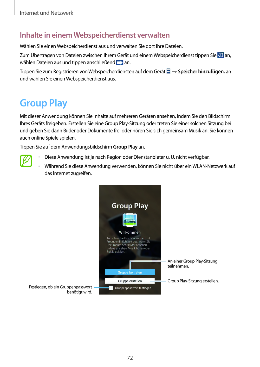 Samsung GT-I9505ZKATCL, GT-I9505ZWAEPL, GT-I9505ZRADBT manual Group Play, Inhalte in einem Webspeicherdienst verwalten 