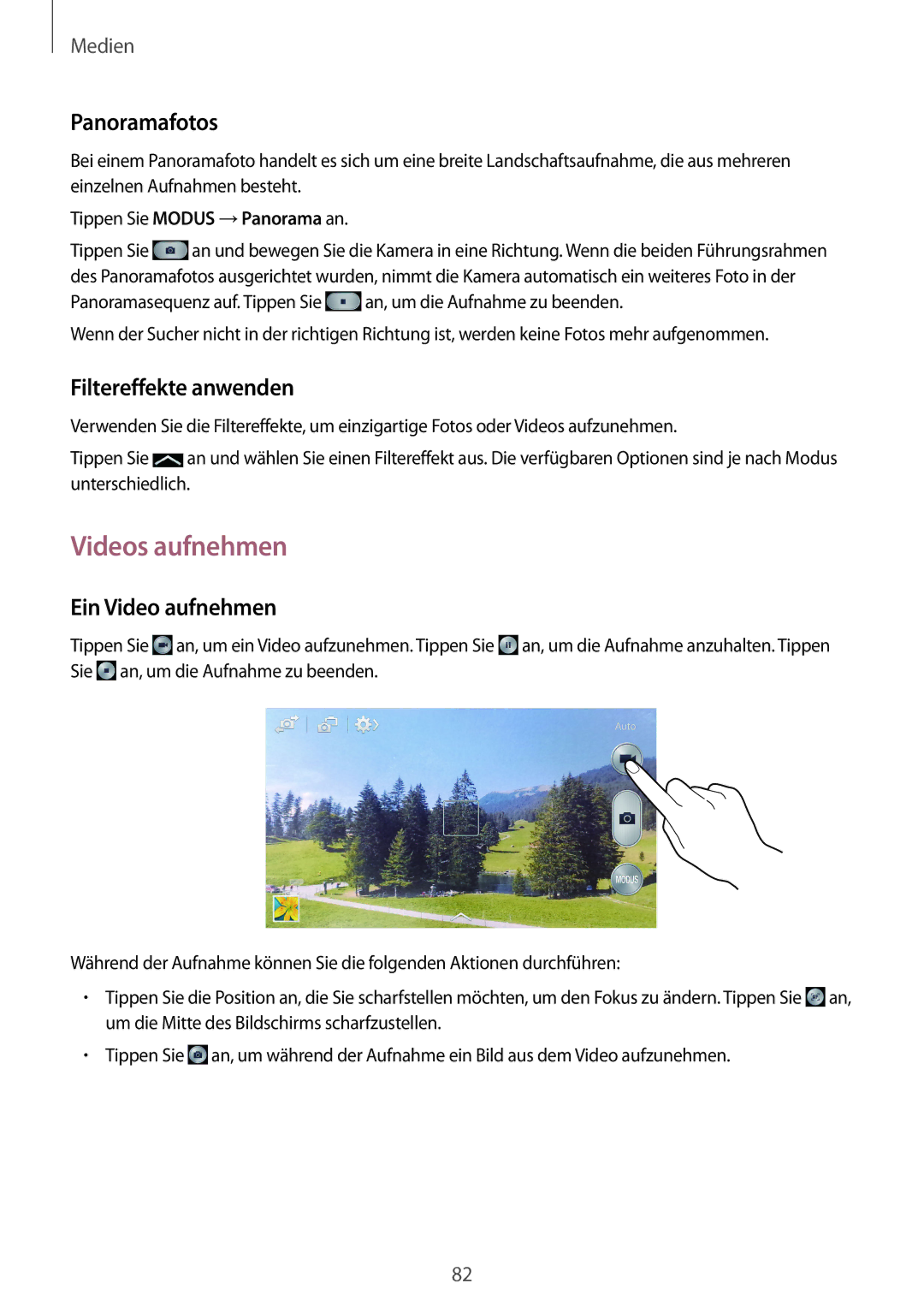 Samsung GT-I9505ZKAAUT, GT-I9505ZWAEPL manual Videos aufnehmen, Panoramafotos, Filtereffekte anwenden, Ein Video aufnehmen 
