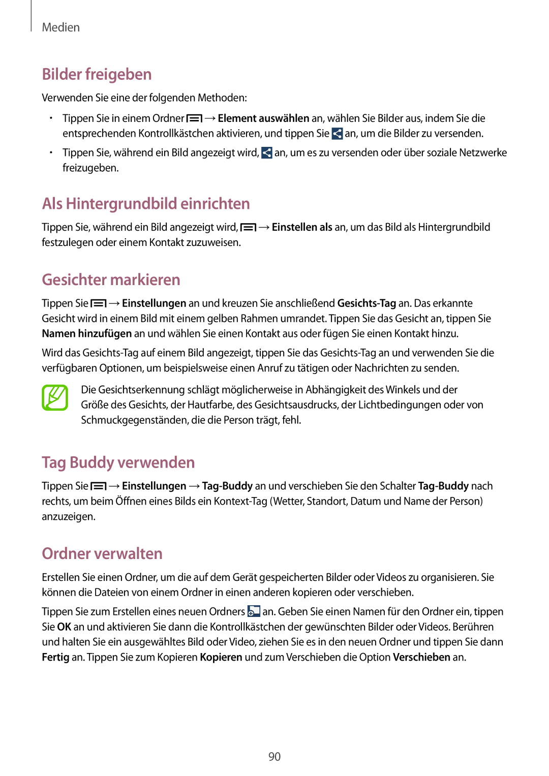 Samsung GT-I9505DKYDBT manual Bilder freigeben, Als Hintergrundbild einrichten, Gesichter markieren, Tag Buddy verwenden 