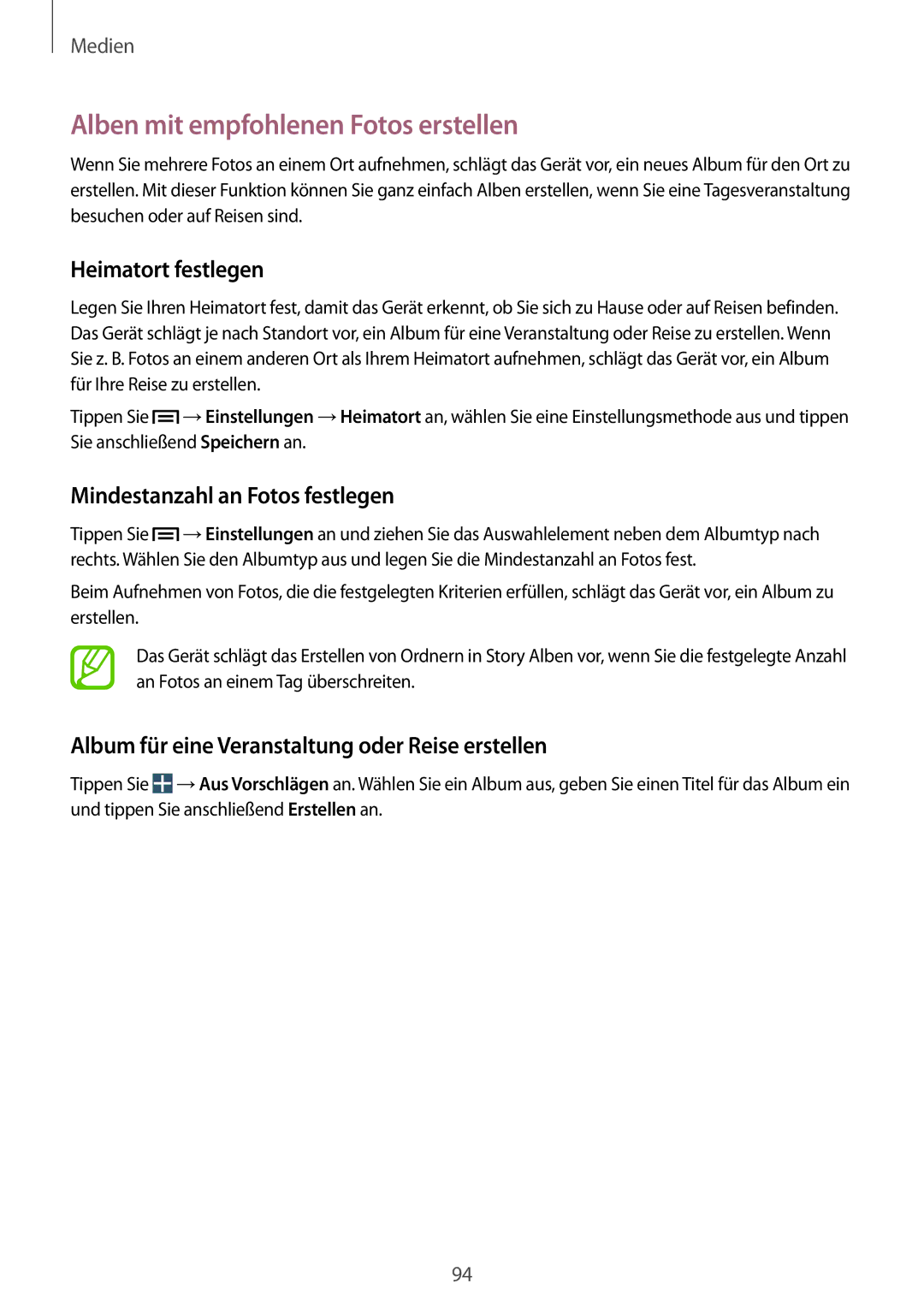 Samsung GT-I9505ZWATPH manual Alben mit empfohlenen Fotos erstellen, Heimatort festlegen, Mindestanzahl an Fotos festlegen 