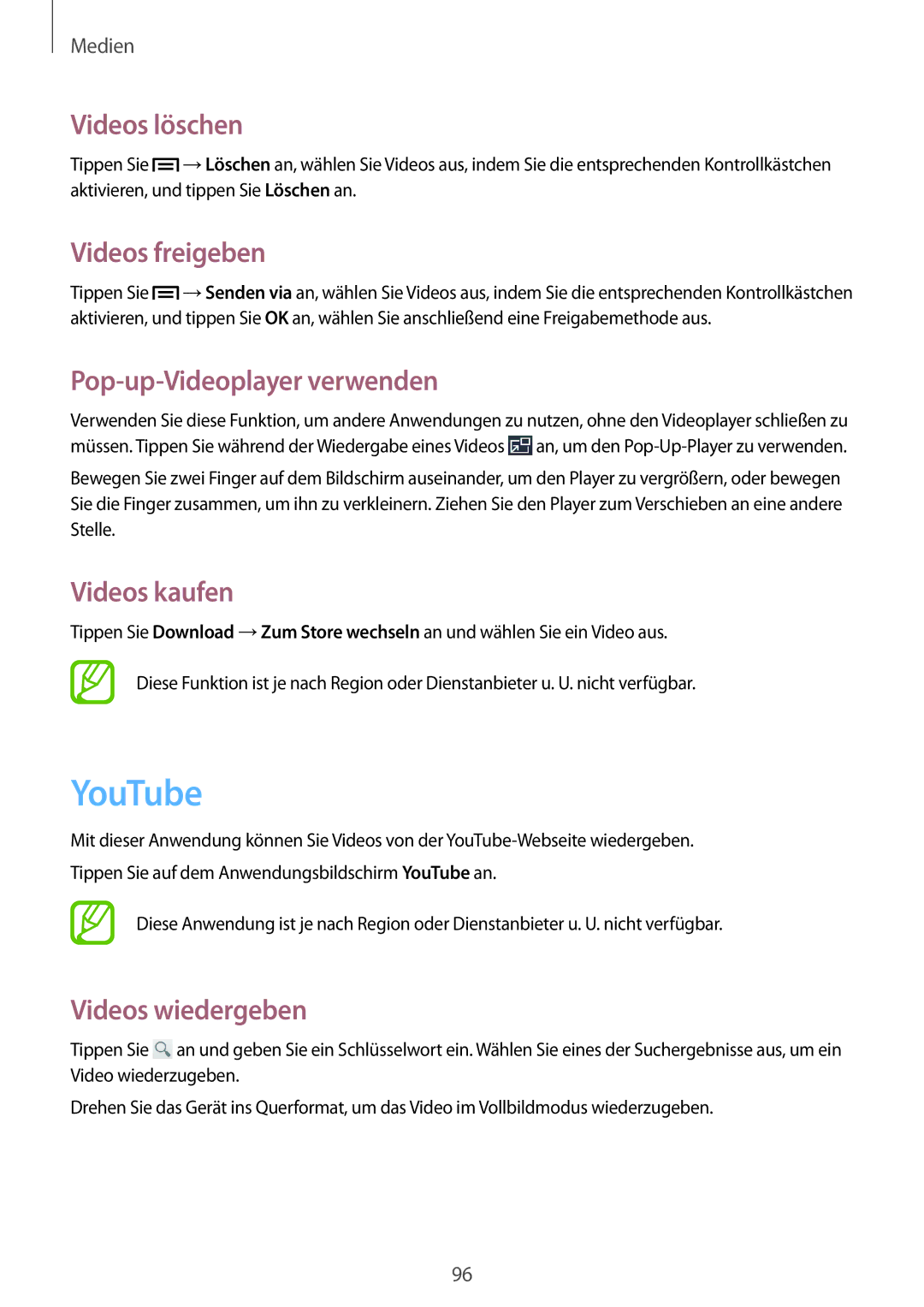 Samsung GT-I9505ZKAXEO manual YouTube, Videos löschen, Videos freigeben, Pop-up-Videoplayer verwenden, Videos kaufen 