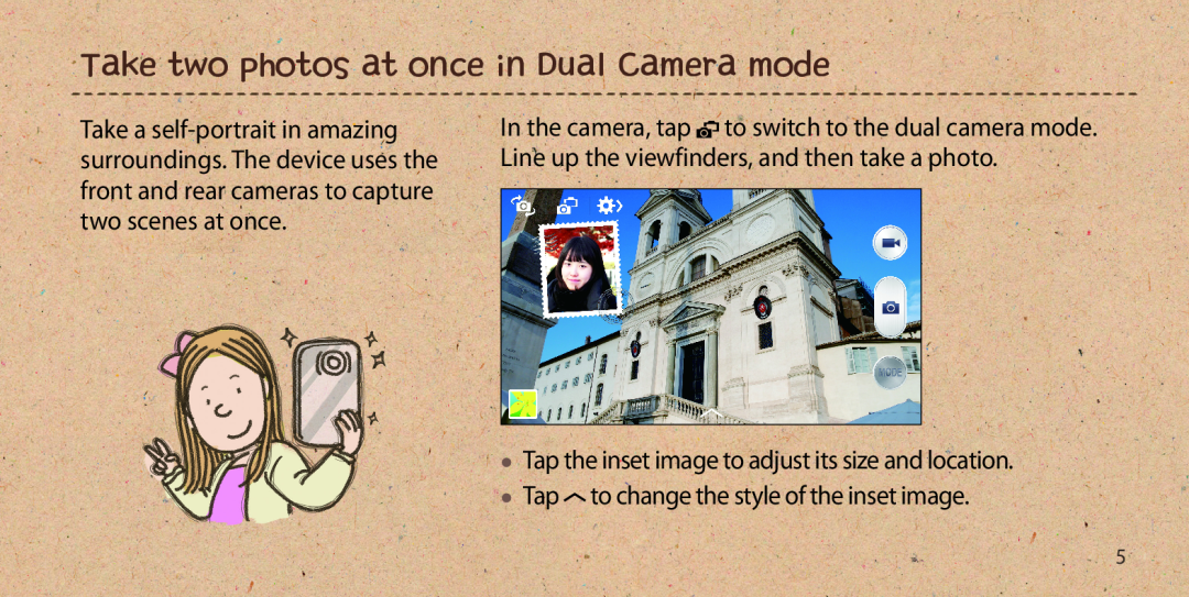 Samsung GT-I9505ZWATCL Take two photos at once in Dual Camera mode, Tap the inset image to adjust its size and location 