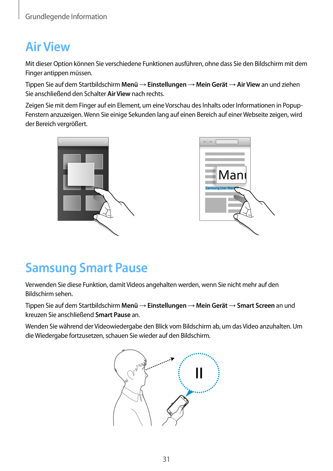 Samsung GT-I9505ZWAXEO, GT-I9505ZWAEPL, GT-I9505ZRADBT manual Air View, Samsung Smart Pause, Grundlegende Information 