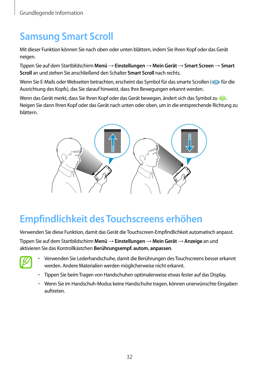Samsung GT-I9505ZWATPH manual Samsung Smart Scroll, Empfindlichkeit des Touchscreens erhöhen, Grundlegende Information 