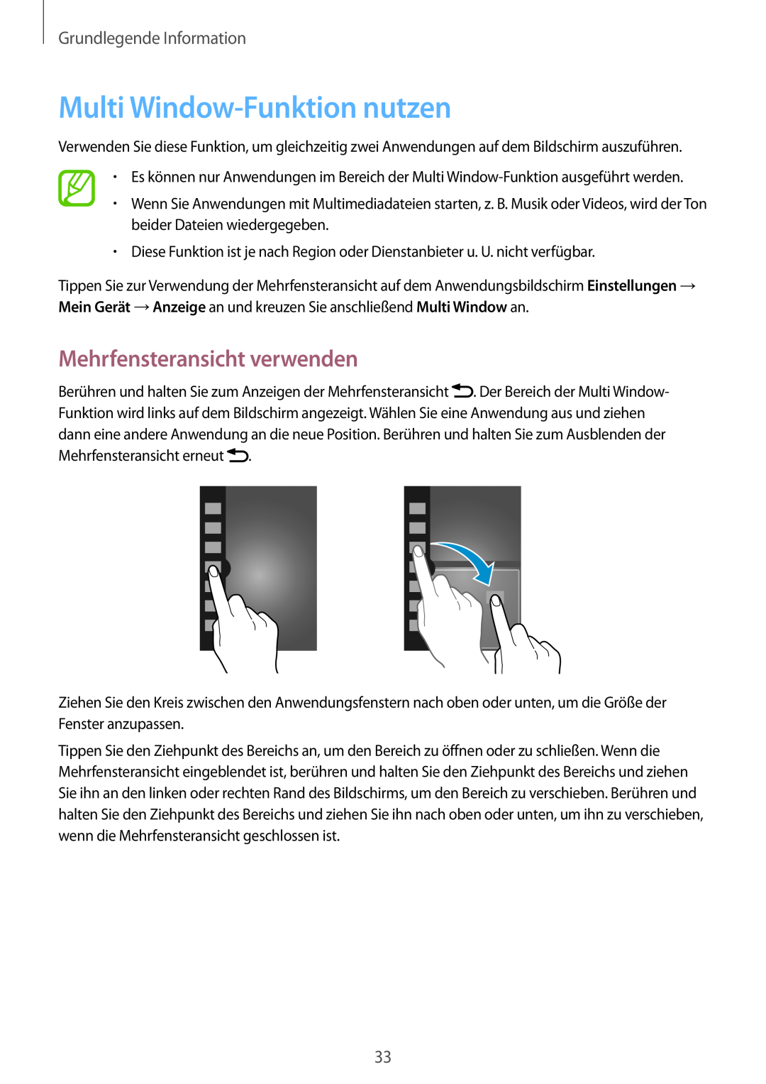 Samsung GT-I9505ZWATMN manual Multi Window-Funktion nutzen, Mehrfensteransicht verwenden, Grundlegende Information 
