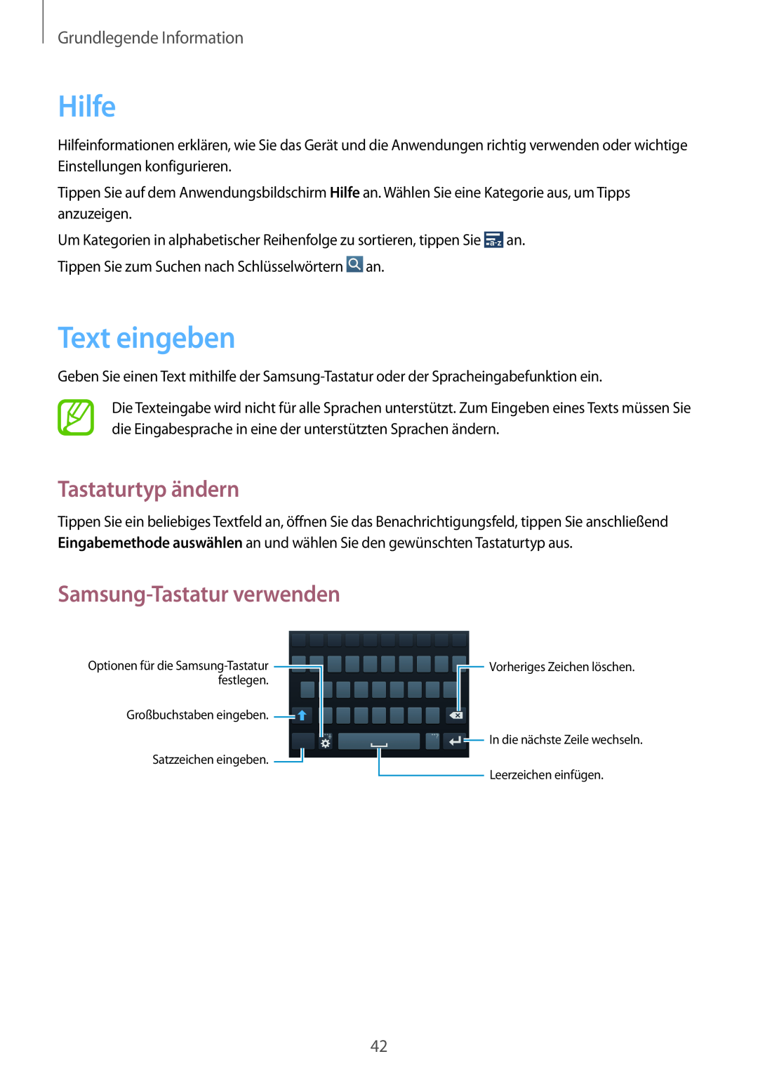 Samsung GT-I9505ZRZSEB Hilfe, Text eingeben, Tastaturtyp ändern, Samsung-Tastatur verwenden, Grundlegende Information 