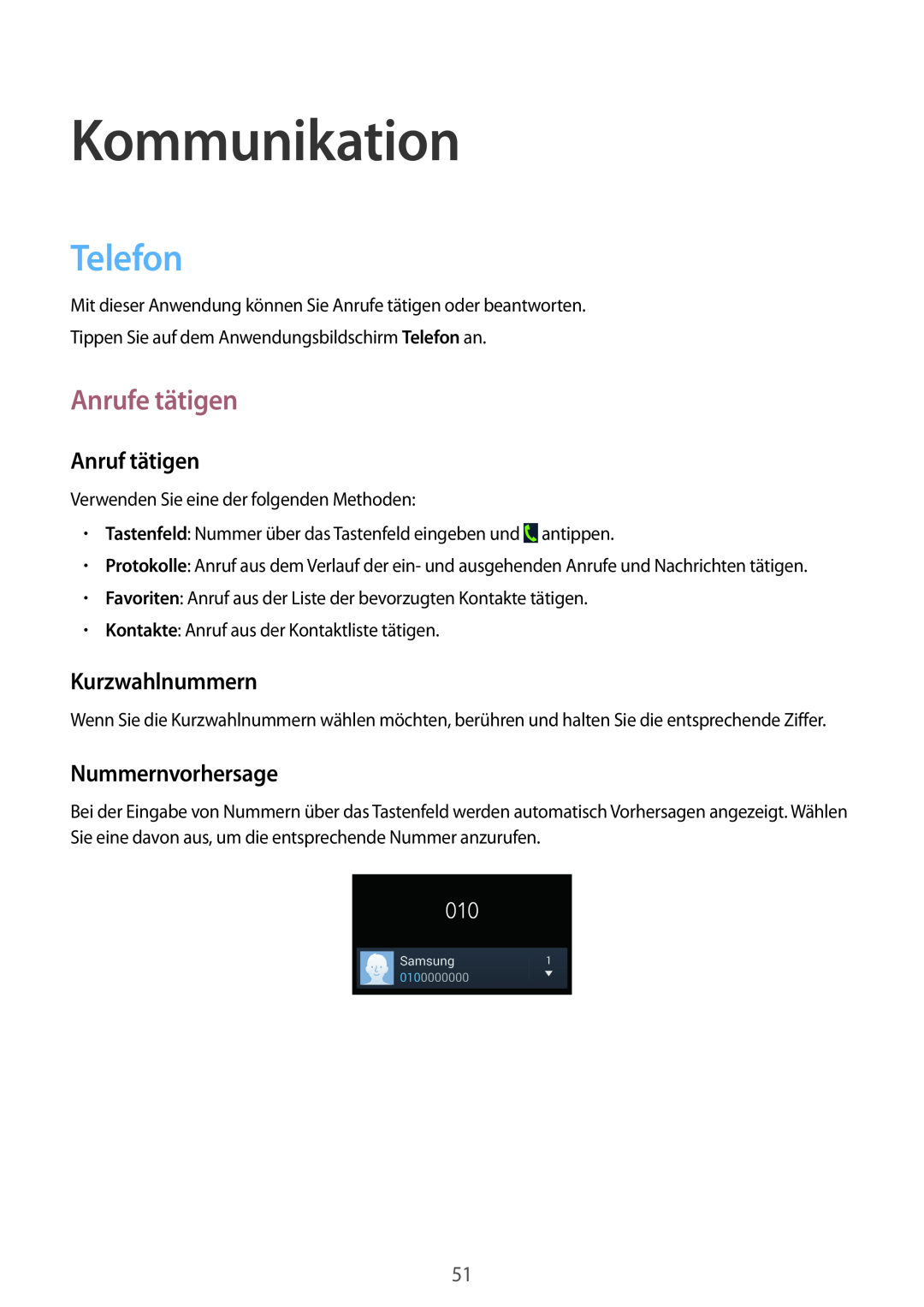 Samsung GT-I9505ZBADBT manual Kommunikation, Telefon, Anrufe tätigen, Anruf tätigen, Kurzwahlnummern, Nummernvorhersage 
