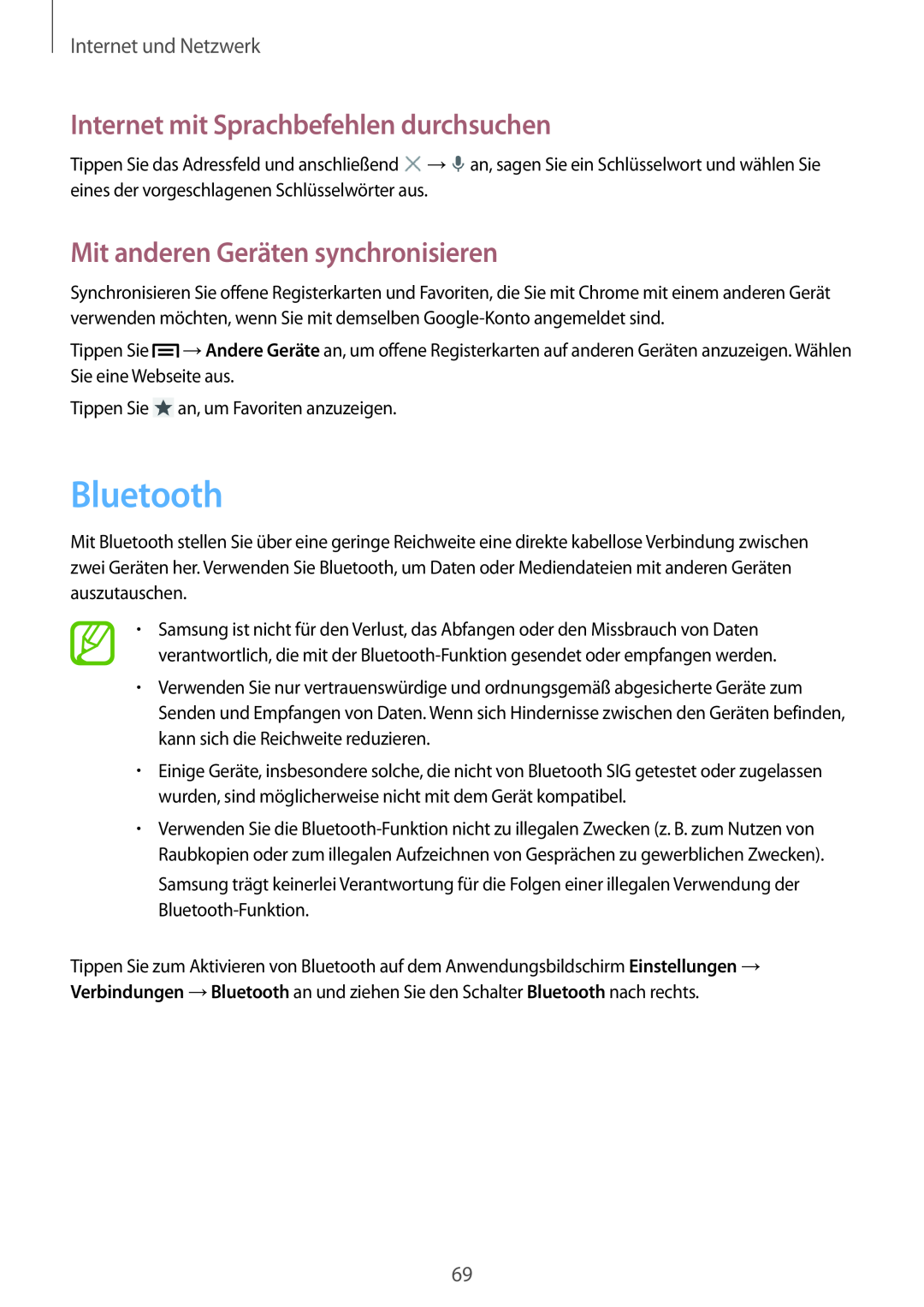 Samsung GT-I9505ZWADTM manual Bluetooth, Mit anderen Geräten synchronisieren, Internet mit Sprachbefehlen durchsuchen 