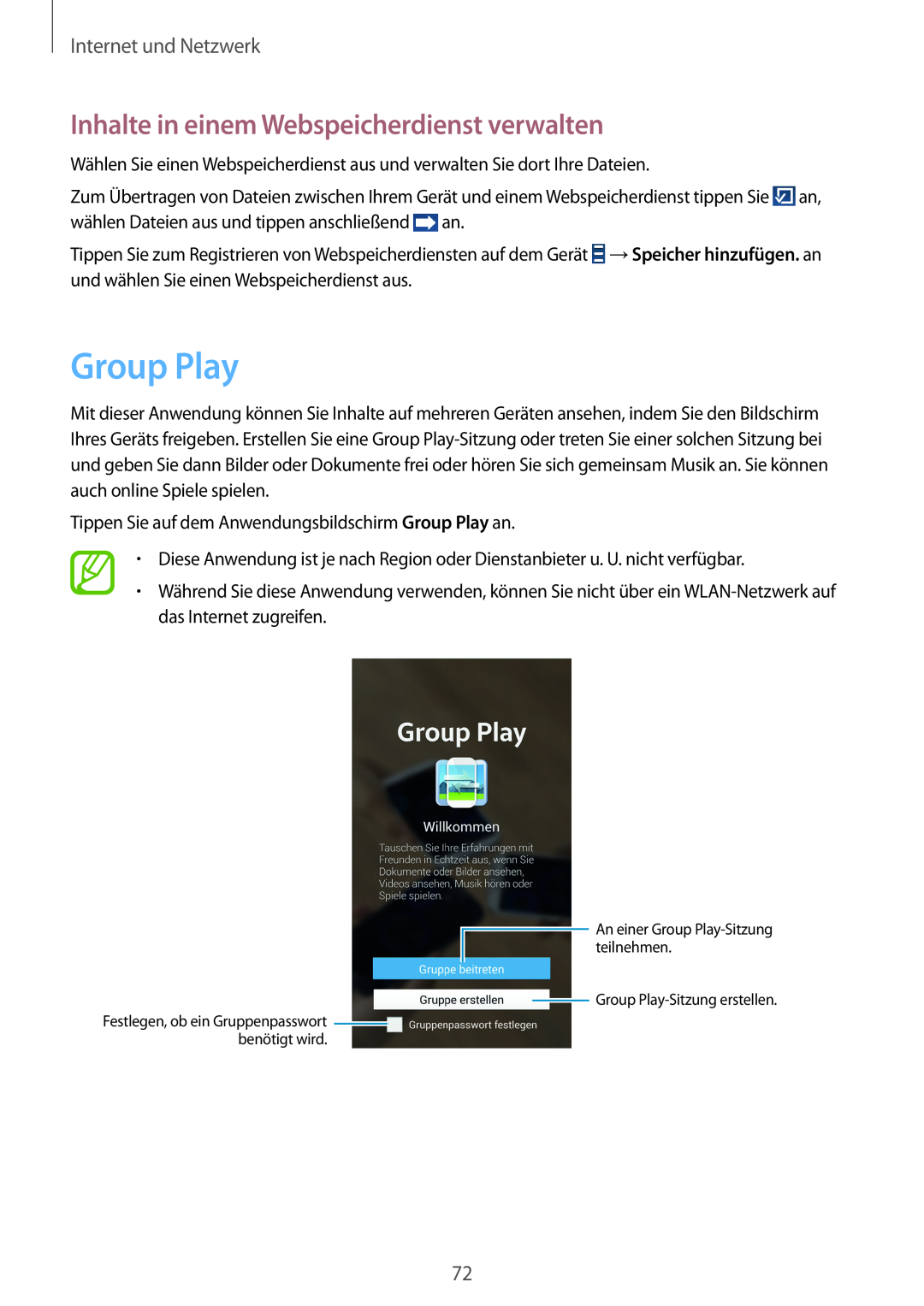 Samsung GT-I9505ZKATCL, GT-I9505ZWAEPL Group Play, Inhalte in einem Webspeicherdienst verwalten, Internet und Netzwerk 