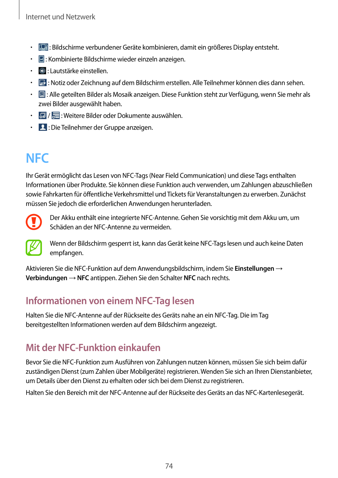 Samsung GT-I9505ZKAIDE manual Informationen von einem NFC-Tag lesen, Mit der NFC-Funktion einkaufen, Internet und Netzwerk 