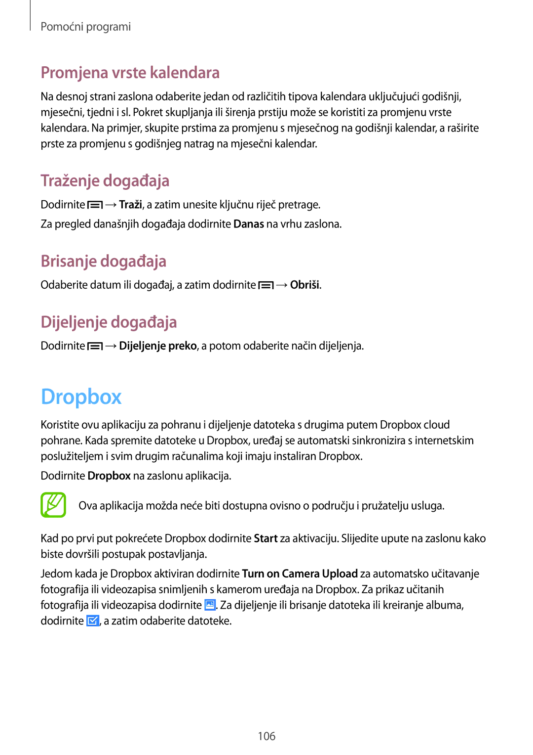 Samsung GT-I9505ZPATWO manual Dropbox, Promjena vrste kalendara, Traženje događaja, Brisanje događaja, Dijeljenje događaja 