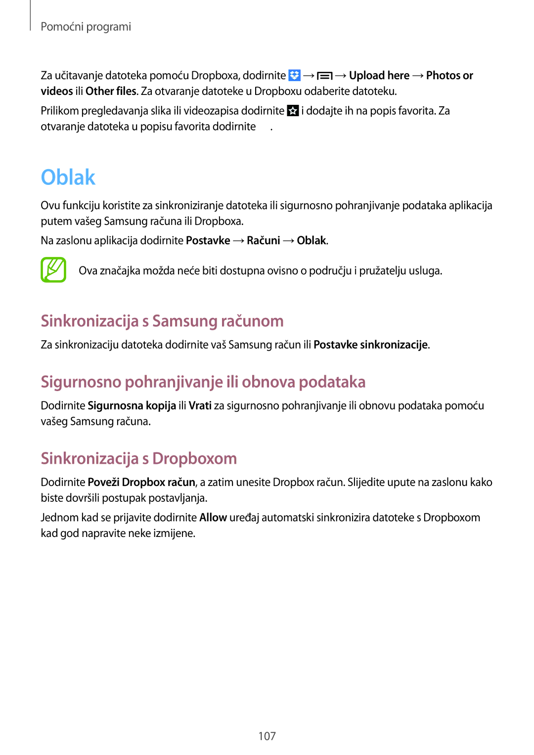 Samsung GT2I9505ZWATWO manual Oblak, Sinkronizacija s Samsung računom, Sigurnosno pohranjivanje ili obnova podataka 