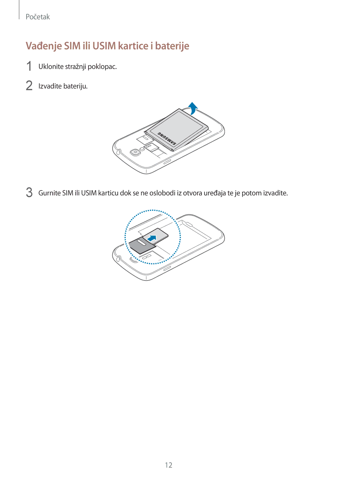 Samsung GT-I9505ZWATWO, GT-I9505ZWASEE, GT-I9505ZKASEE, GT-I9505DKYSEE manual Vađenje SIM ili Usim kartice i baterije 