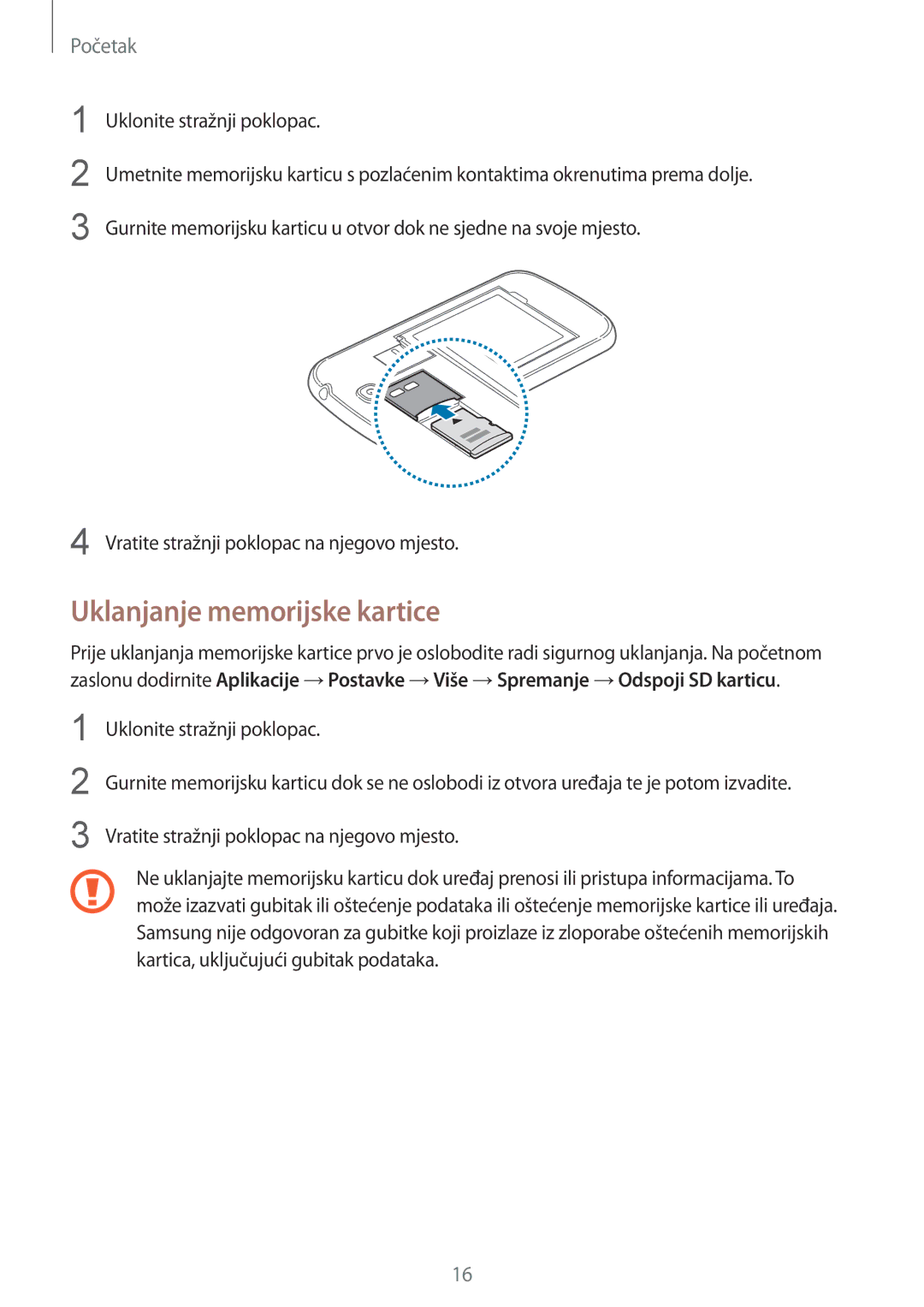 Samsung GT-I9505ZWASEE, GT-I9505ZKASEE, GT-I9505DKYSEE, GT2I9505ZKAVIP, GT-I9505ZKEVIP manual Uklanjanje memorijske kartice 