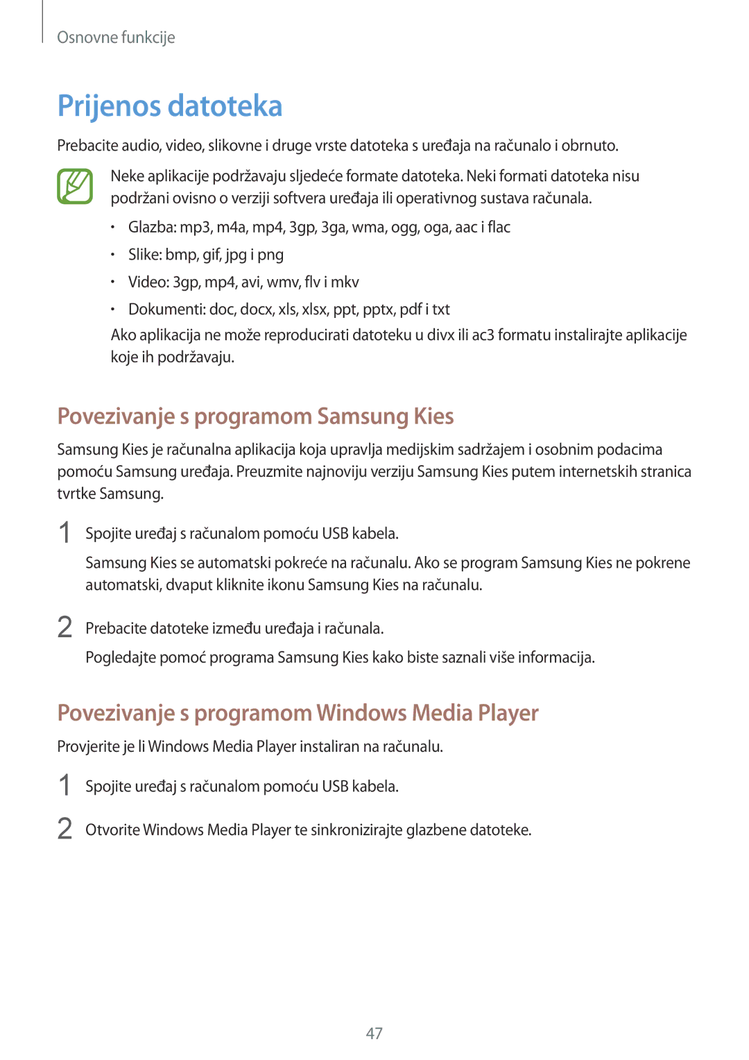 Samsung GT2I9505ZKATWO, GT-I9505ZWASEE, GT-I9505ZKASEE manual Prijenos datoteka, Povezivanje s programom Samsung Kies 