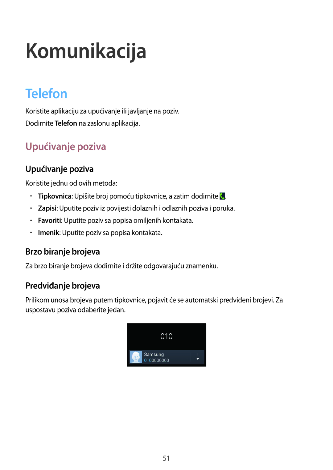 Samsung GT2I9505ZKAVIP, GT-I9505ZWASEE manual Telefon, Upućivanje poziva, Brzo biranje brojeva, Predviđanje brojeva 