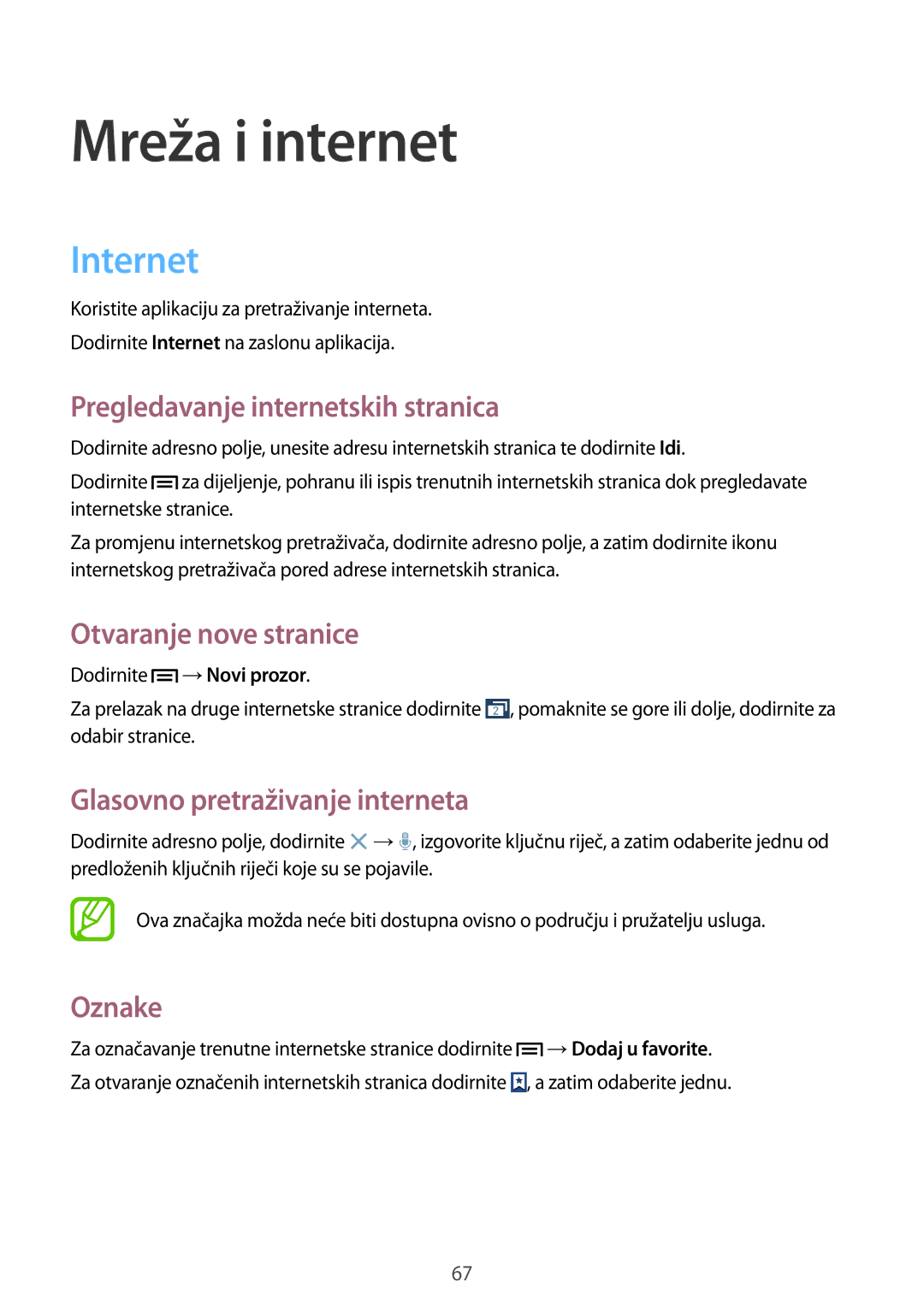 Samsung GT2I9505ZKAVIP, GT-I9505ZWASEE manual Internet, Pregledavanje internetskih stranica, Otvaranje nove stranice, Oznake 