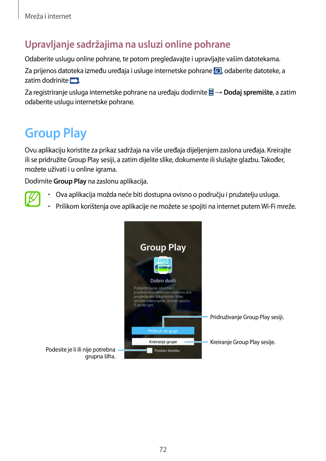 Samsung GT2I9505ZWAVIP, GT-I9505ZWASEE, GT-I9505ZKASEE manual Group Play, Upravljanje sadržajima na usluzi online pohrane 