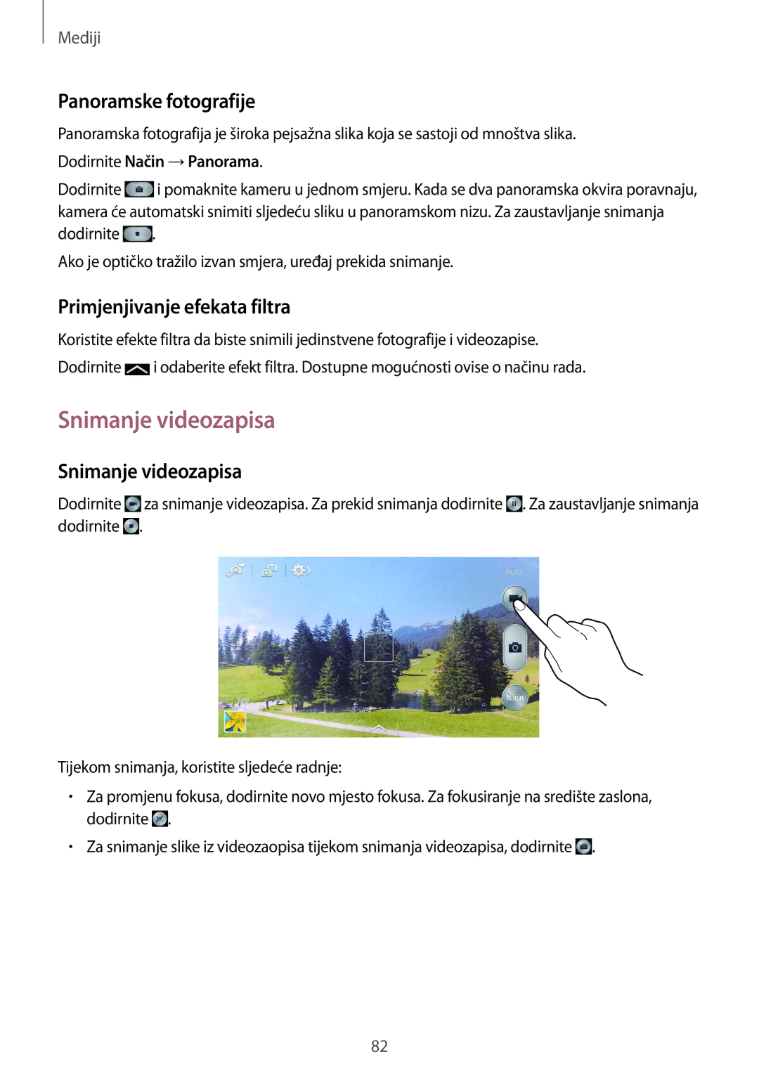 Samsung GT-I9505DKYSEE, GT-I9505ZWASEE manual Snimanje videozapisa, Panoramske fotografije, Primjenjivanje efekata filtra 