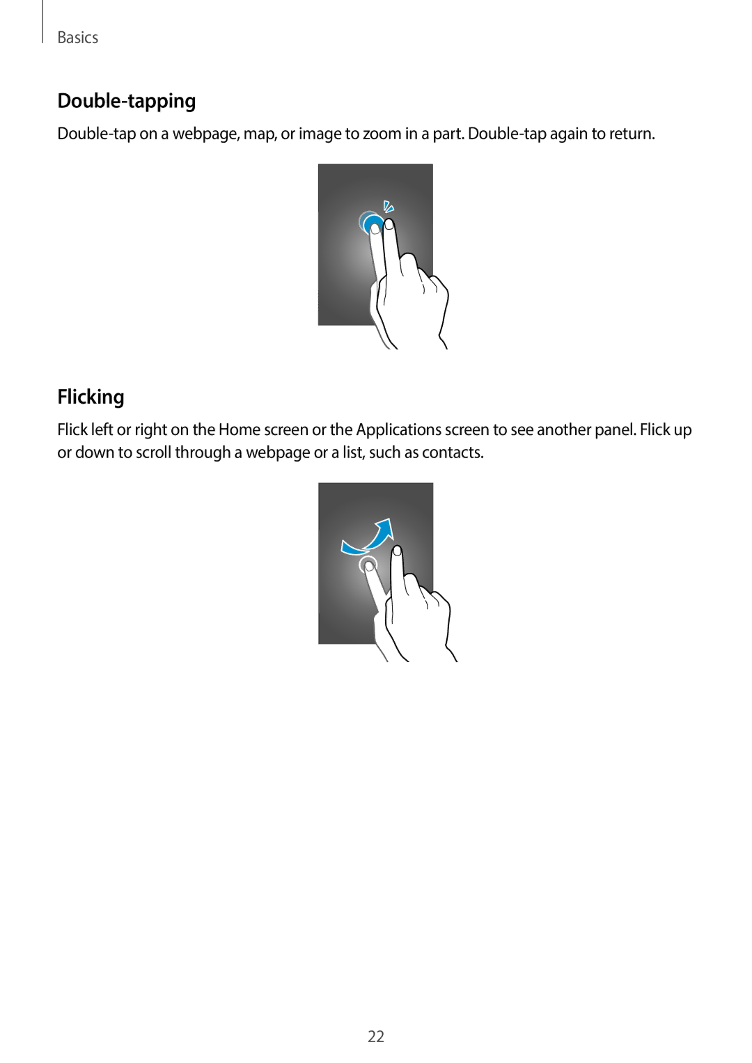 Samsung GT-I9505DKYKSA, GT-I9505ZWATEM, GT-I9505GNAKSA, GT-I9505ZBAKSA, GT-I9505ZRZKSA manual Double-tapping, Flicking 