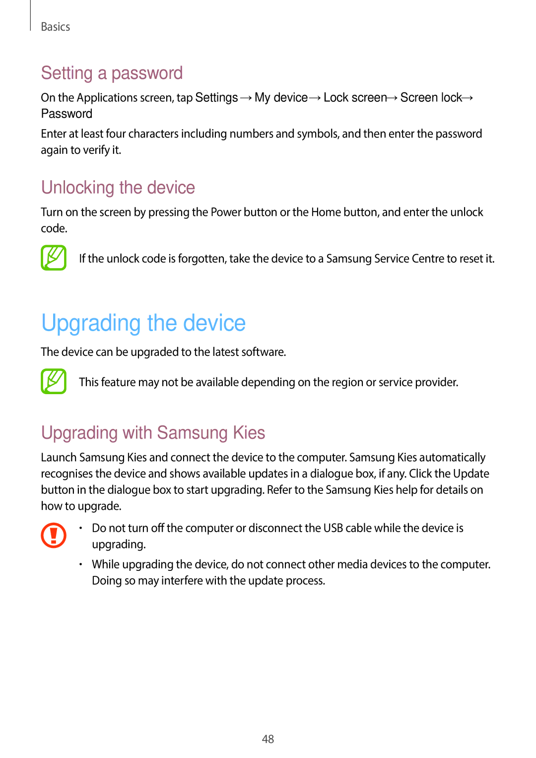 Samsung GT-I9505ZRZKSA manual Upgrading the device, Setting a password, Unlocking the device, Upgrading with Samsung Kies 