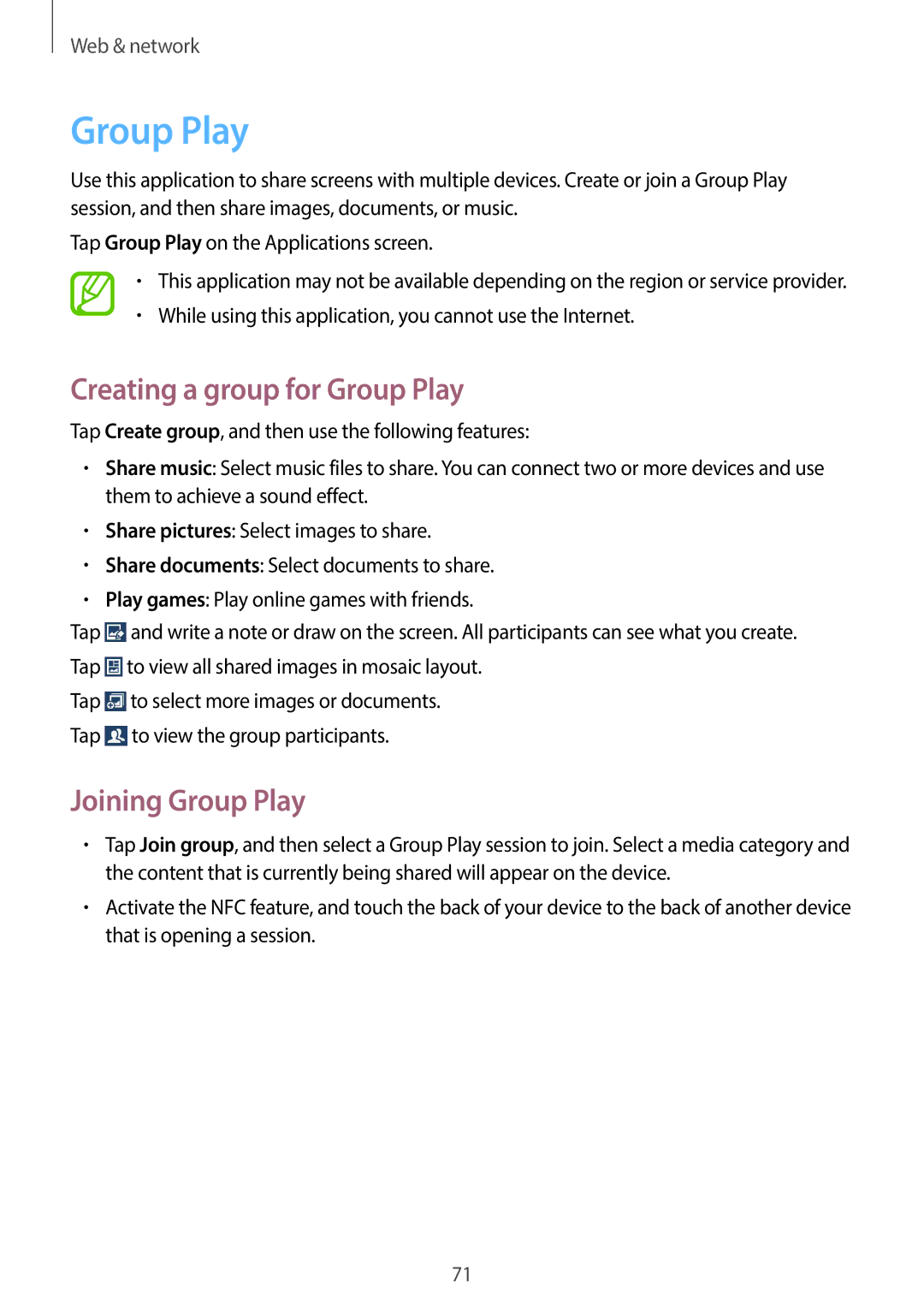 Samsung GT-I9505ZKAKSA, GT-I9505ZWATEM, GT-I9505GNAKSA manual Creating a group for Group Play, Joining Group Play 