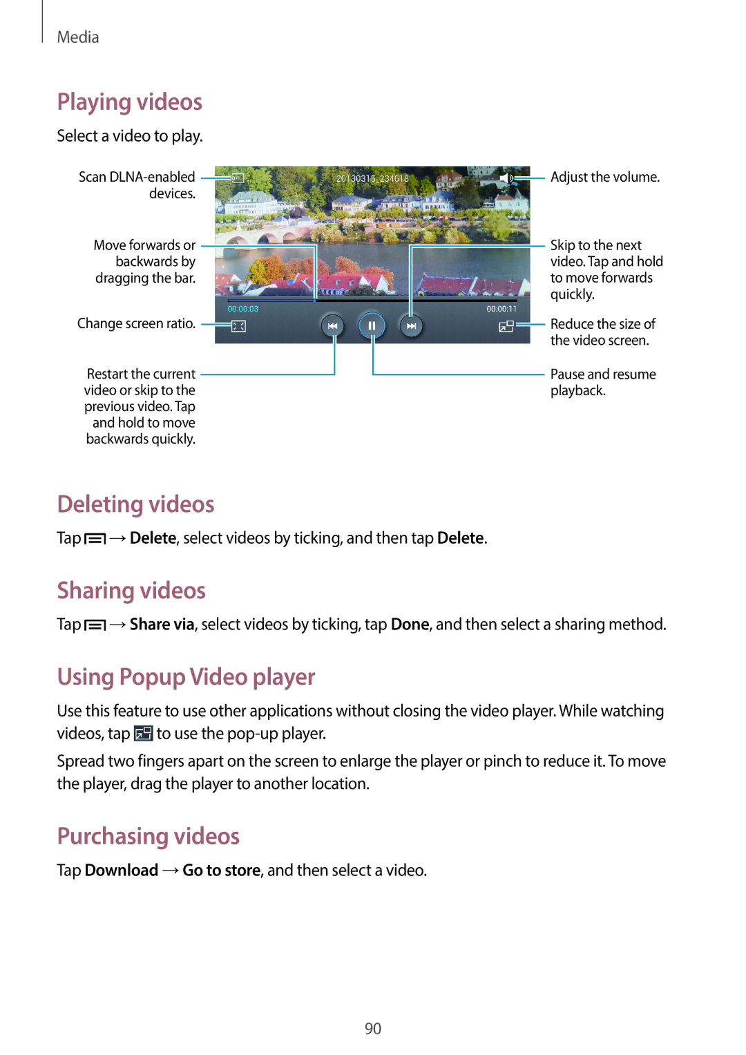 Samsung GT-I9505ZWATEM, GT-I9505GNAKSA manual Deleting videos, Sharing videos, Using Popup Video player, Purchasing videos 