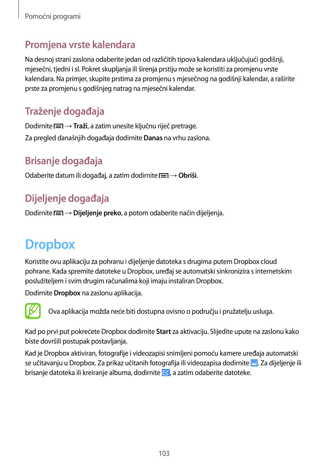 Samsung GT-I9506DKYCRO manual Dropbox, Promjena vrste kalendara, Traženje događaja, Brisanje događaja, Dijeljenje događaja 