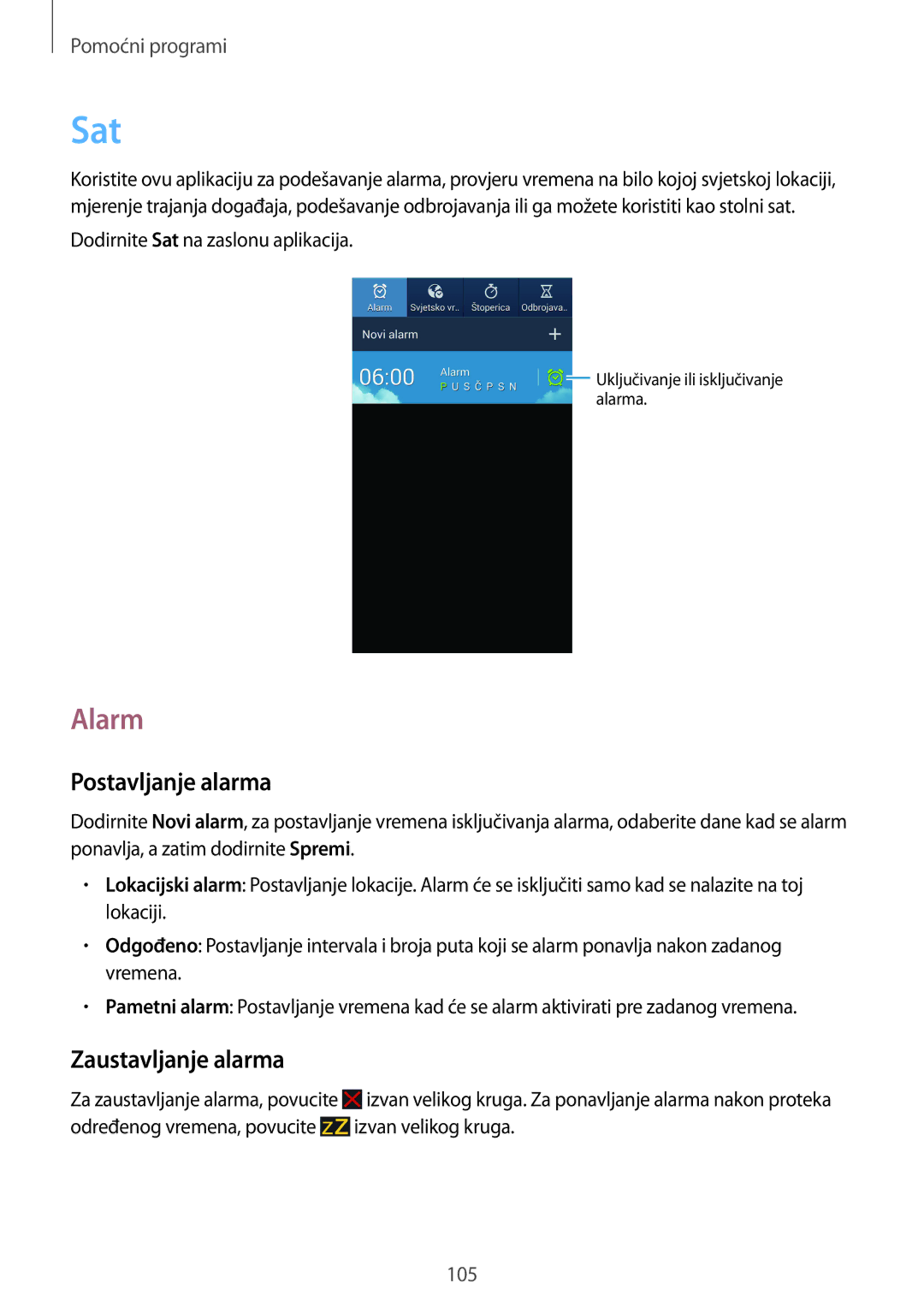 Samsung GT-I9506DKYCRO manual Sat, Alarm, Postavljanje alarma, Zaustavljanje alarma 